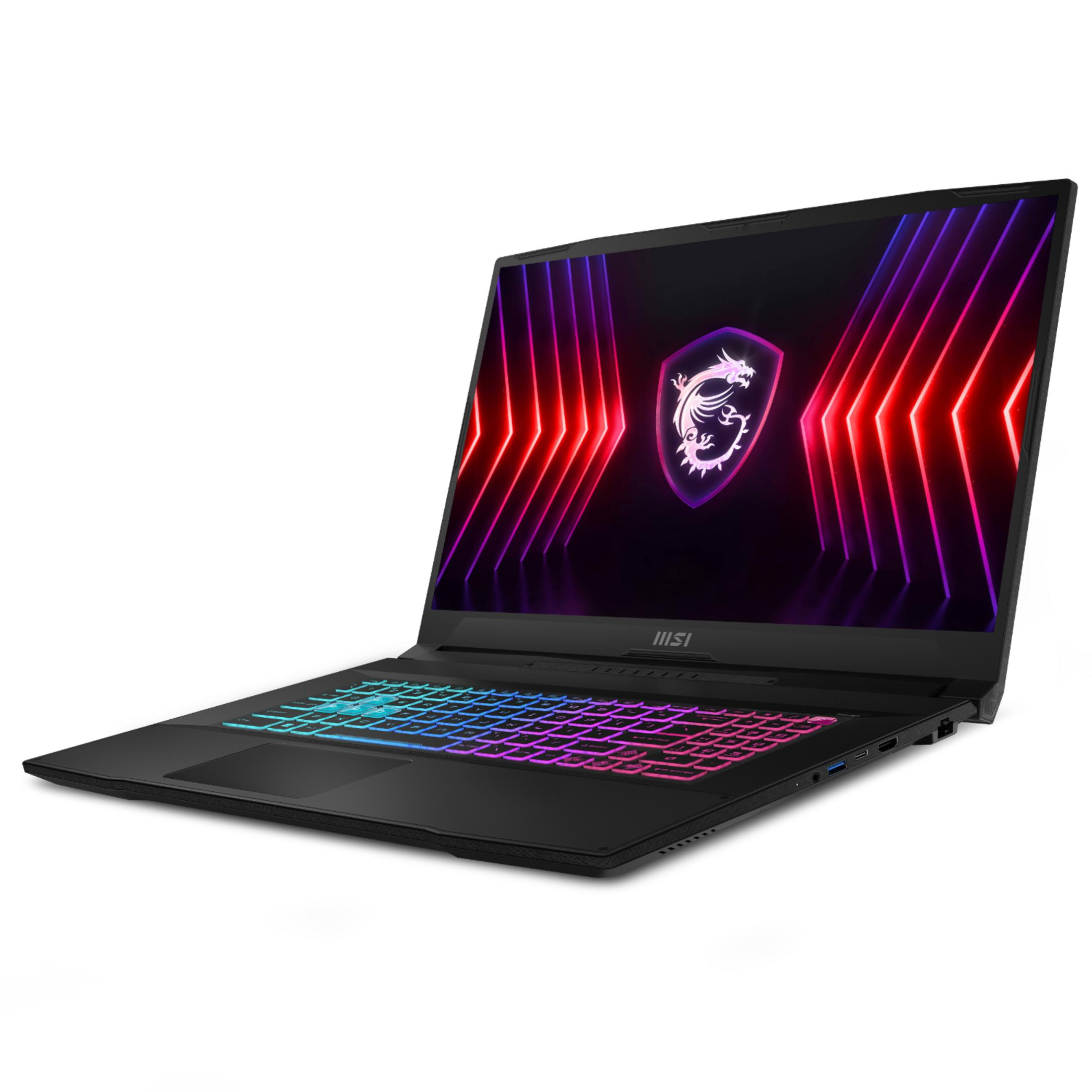 Ordinateur portable noir avec clavier rétroéclairé et logo dragon sur l'écran.