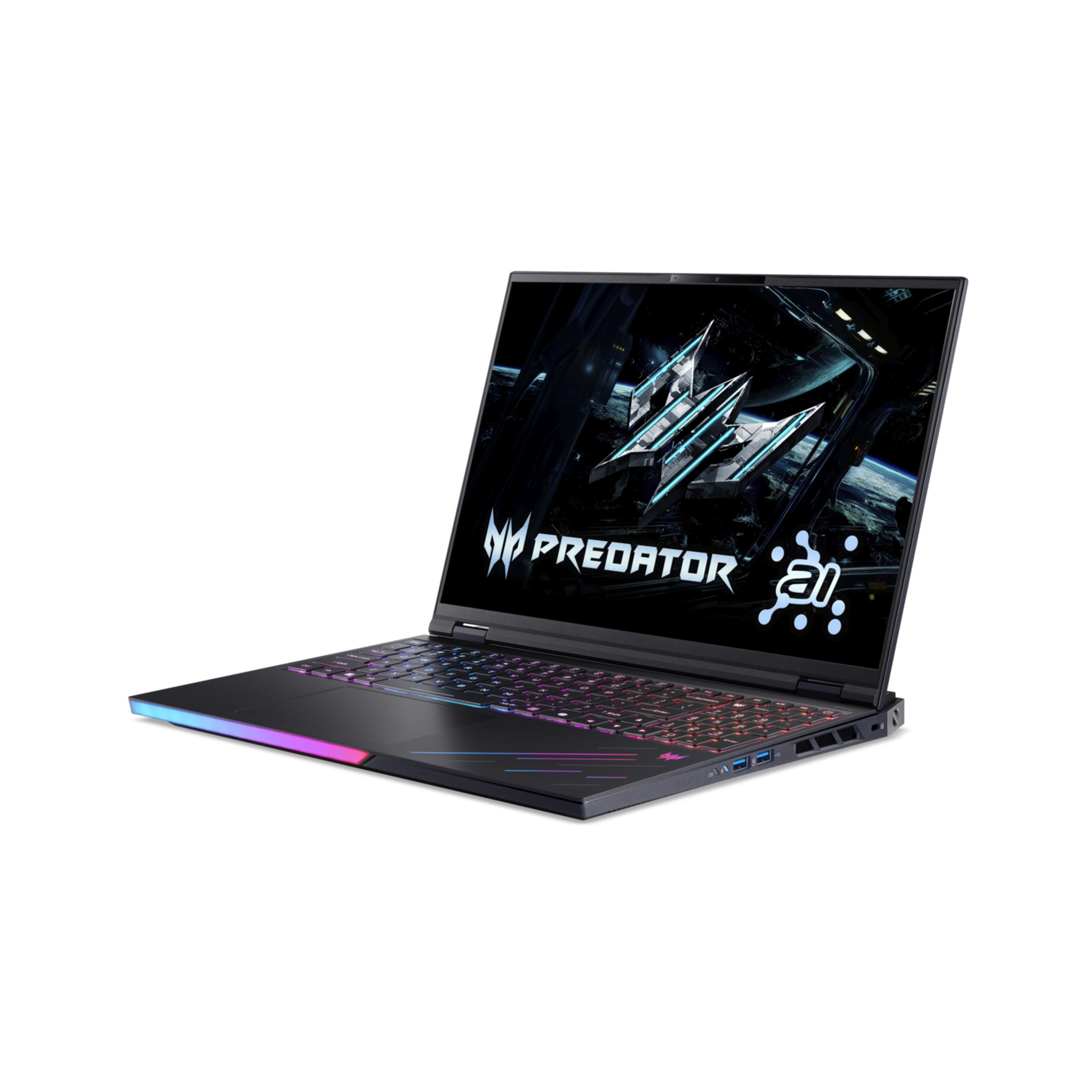 Black laptop with a lit keyboard and Predator logo displayed on the screen.