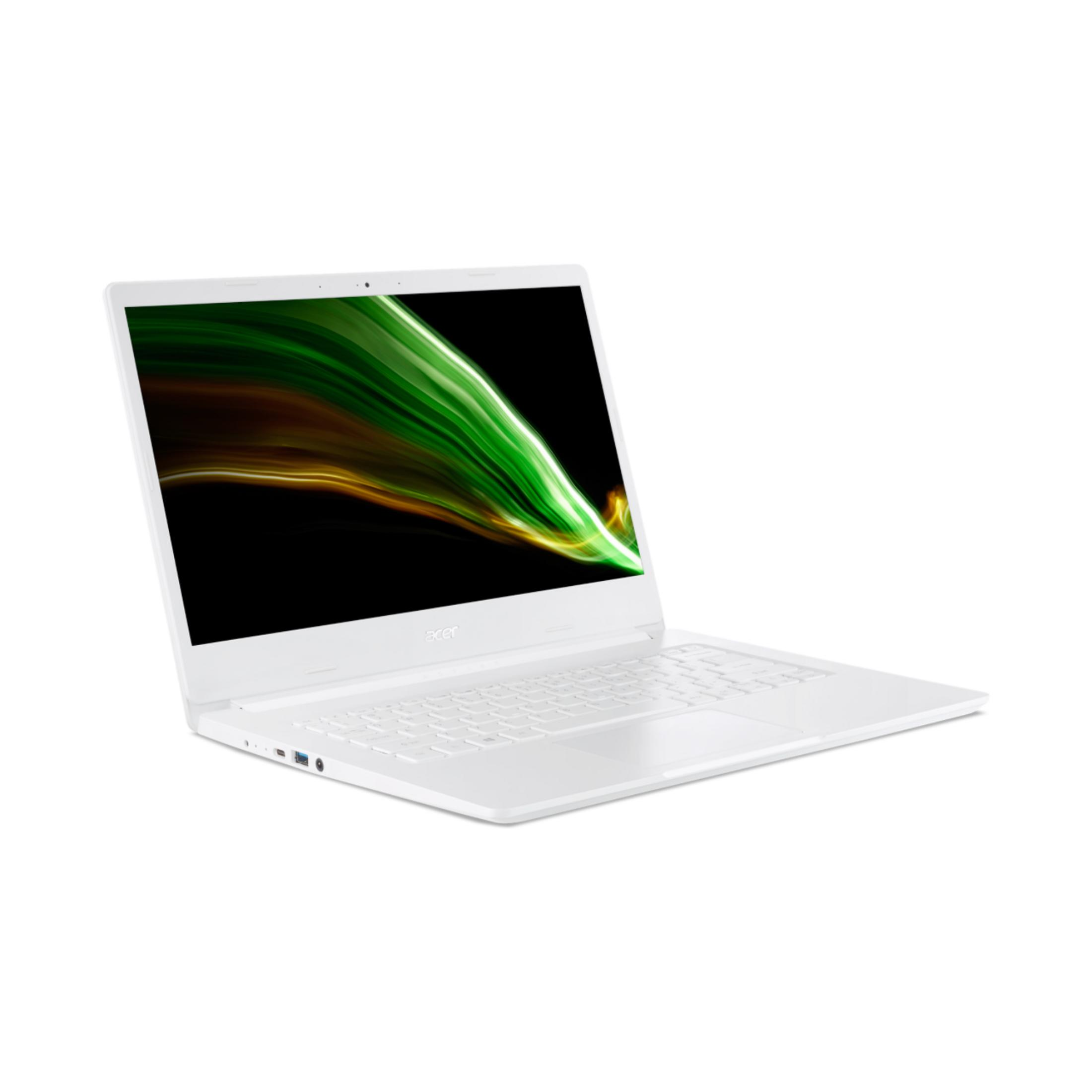 Ein weißer Laptop mit einem bunten Hintergrundbild auf dem Bildschirm.