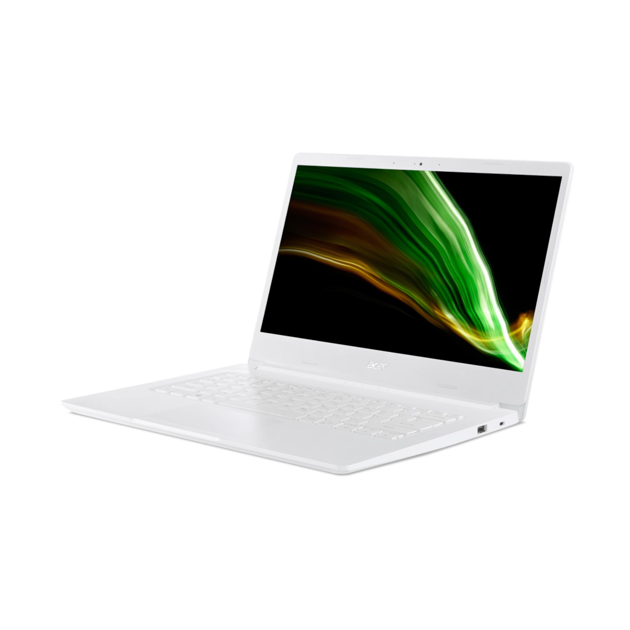 Ein weißer Acer Laptop ist geöffnet und zeigt ein lebendiges abstraktes Hintergrundbild.