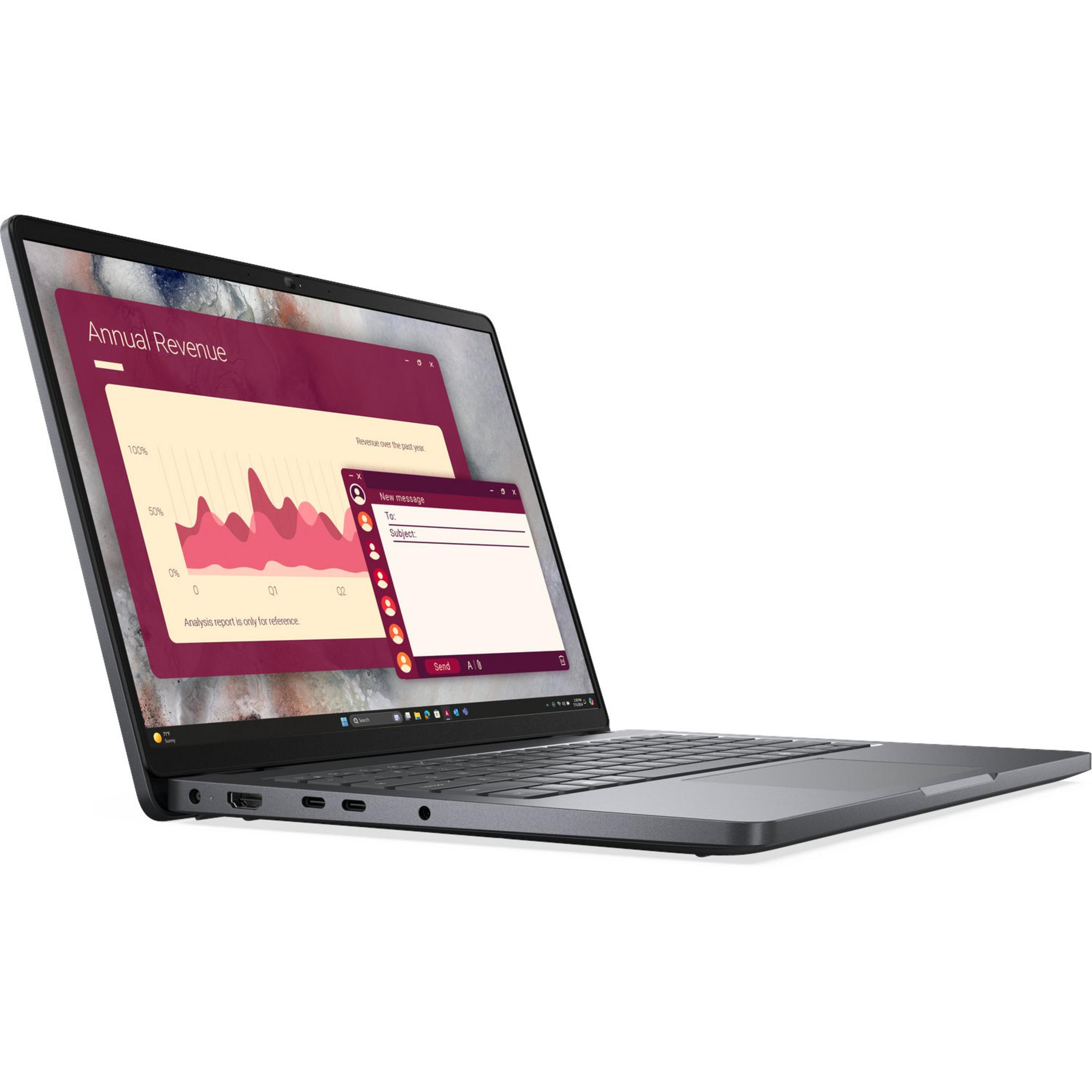 Szary laptop wyświetla raport przychodów i okno nowej wiadomości.
