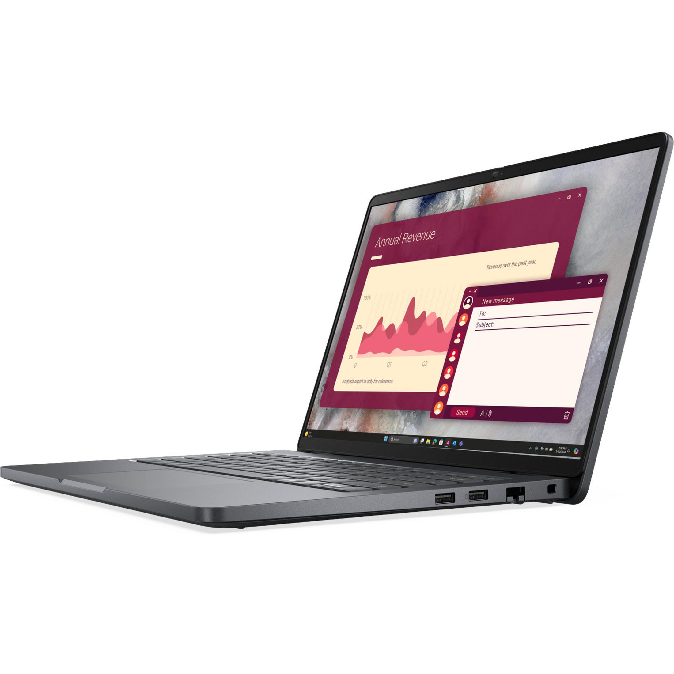 Szary laptop wyświetla wykres przychodów i nowe okno wiadomości.