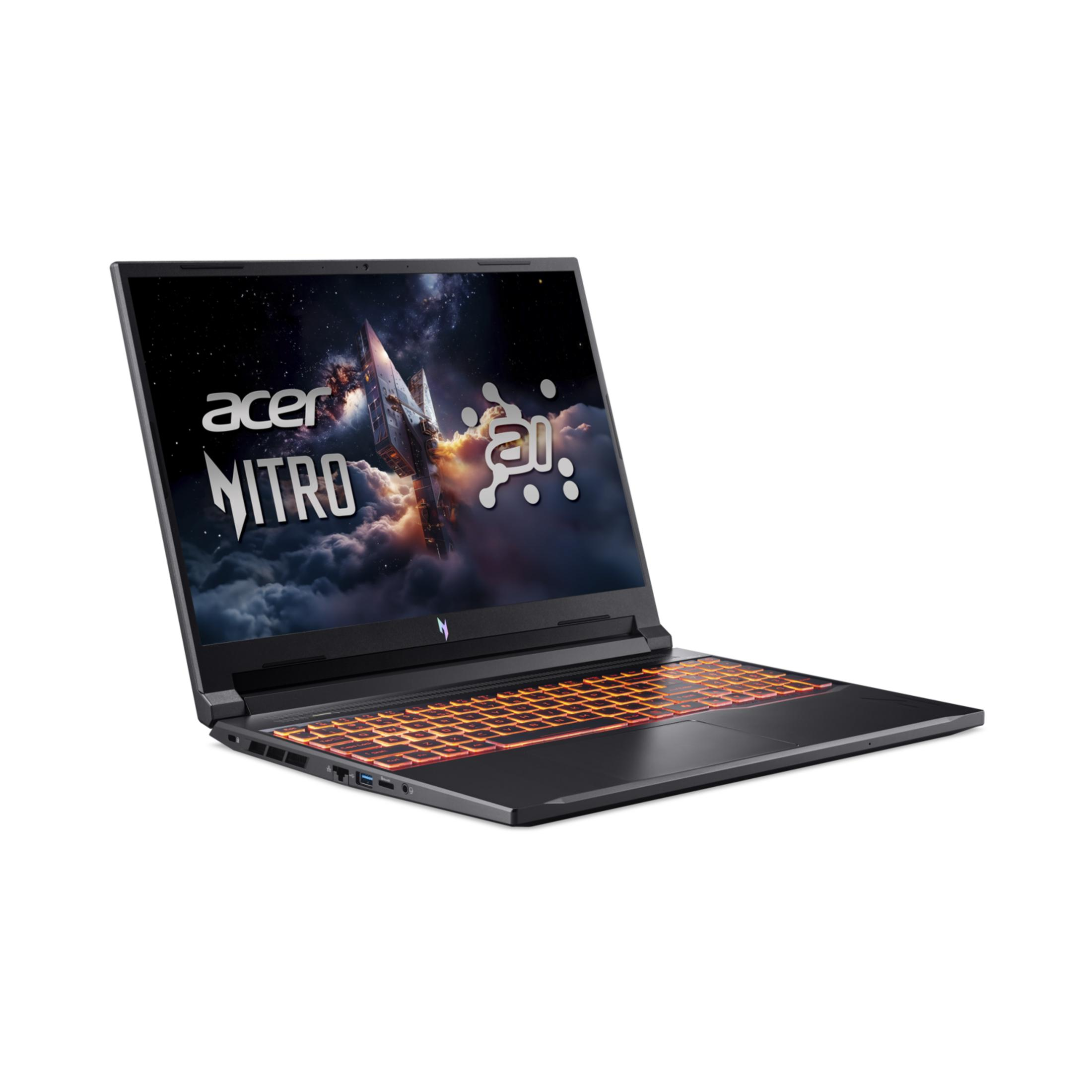 Black Acer Nitro laptop with orange illuminated keyboard and space-themed wallpaper.