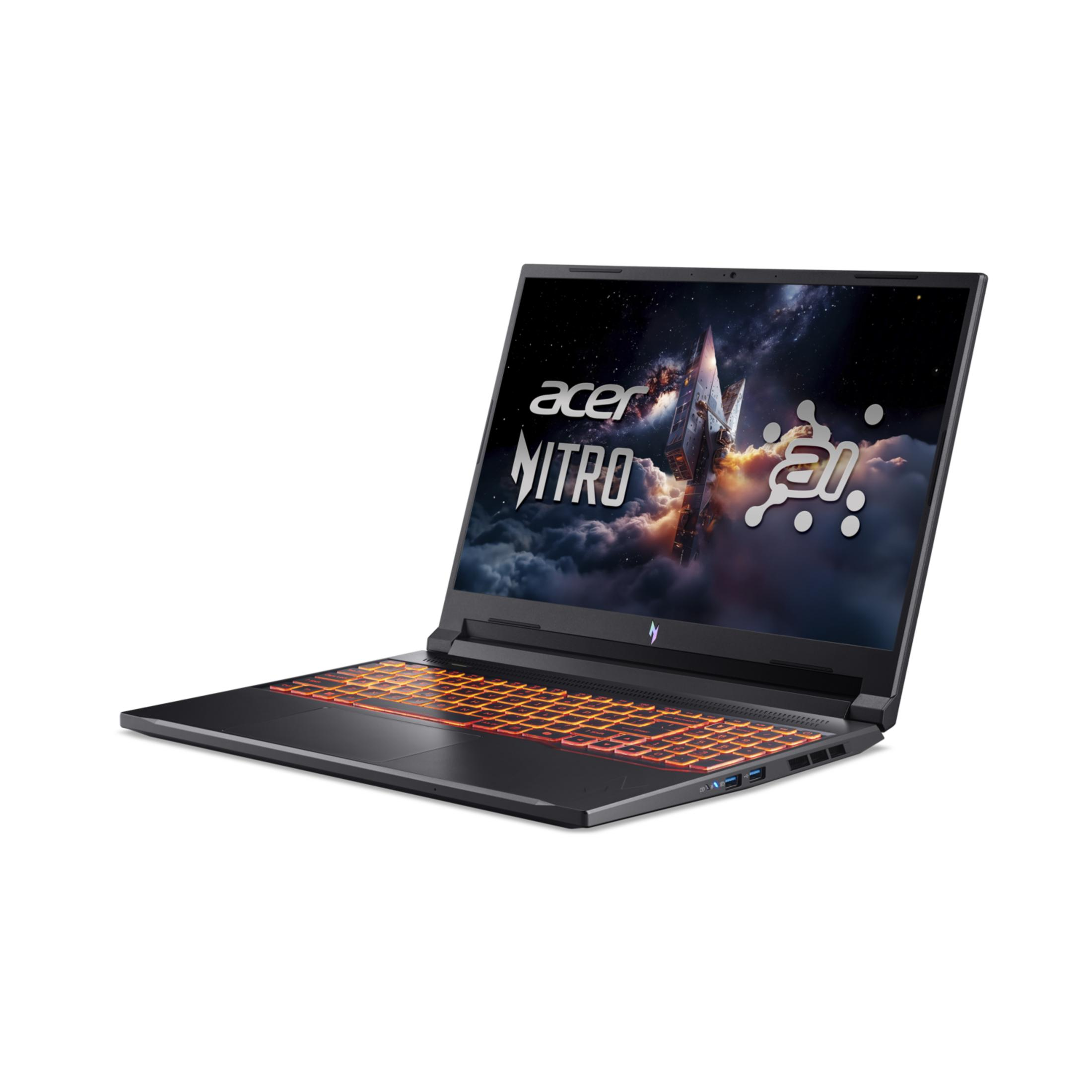 An open black Acer Nitro laptop with an orange backlit keyboard and a space-themed wallpaper.