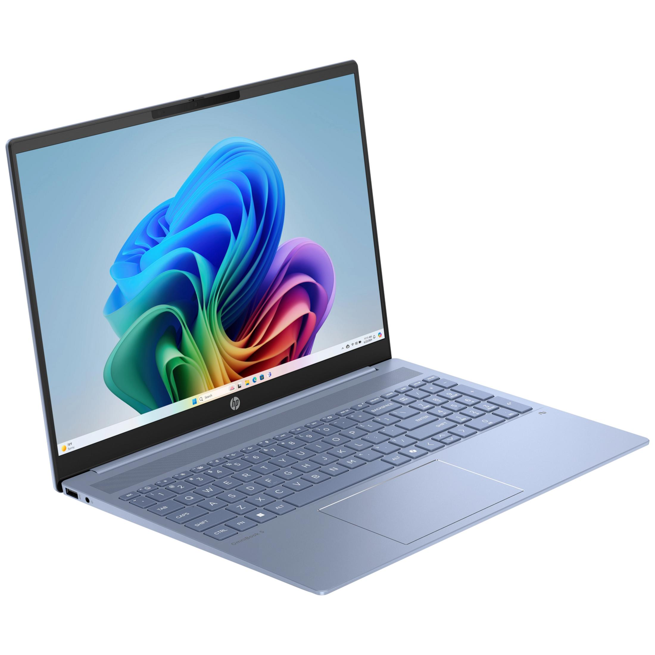 Een blauwe HP laptop met een kleurrijke achtergrond op het scherm.