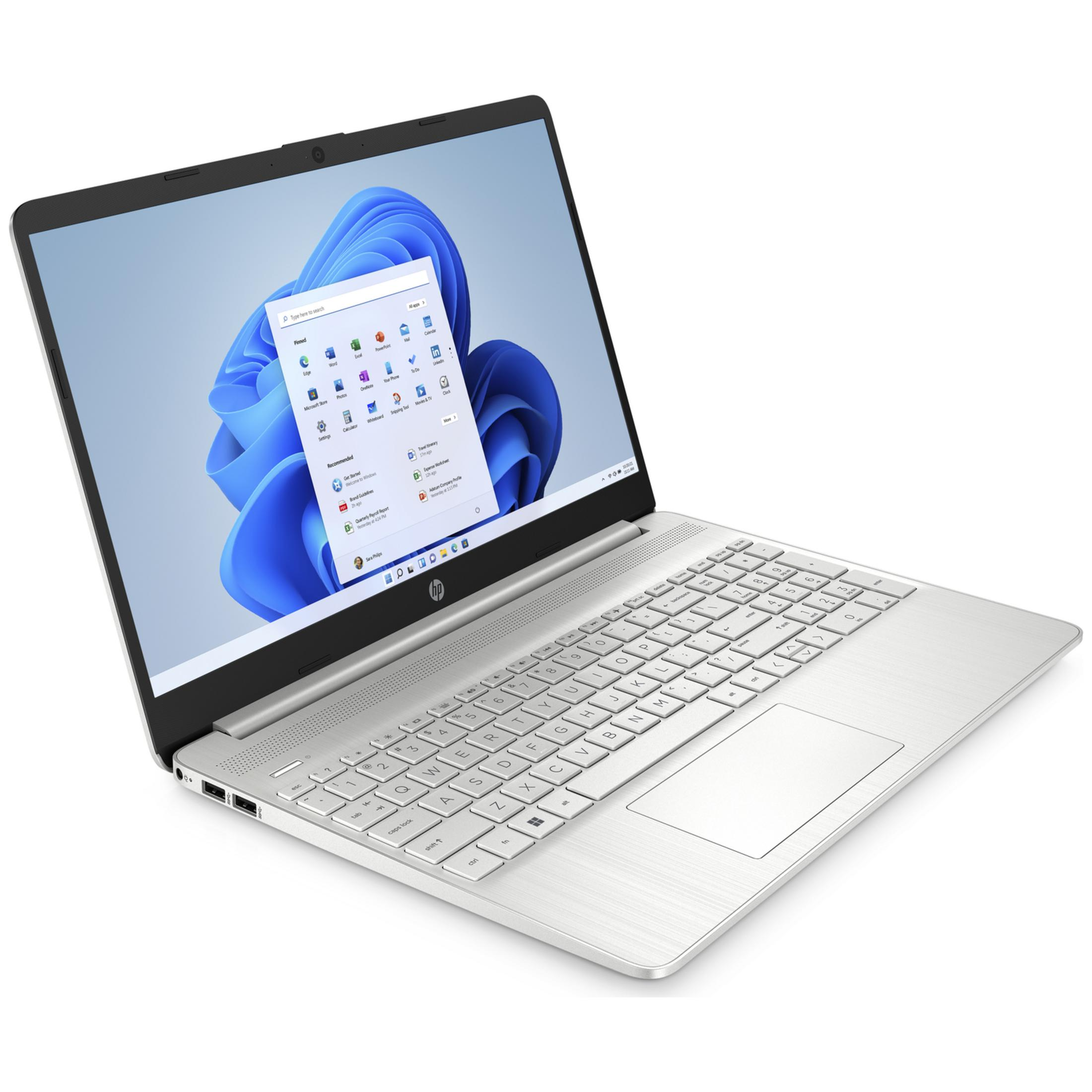 A silver laptop with an open screen displaying Windows 11.
