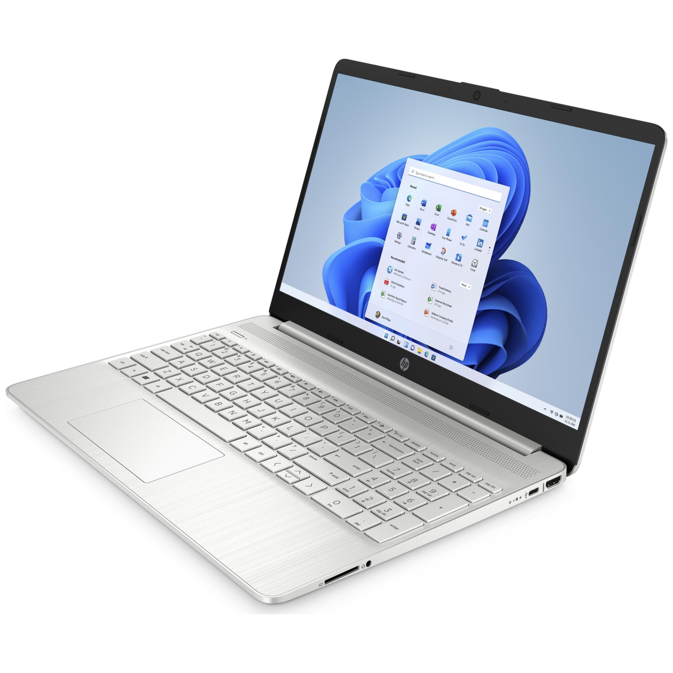 A silver HP laptop with its screen open, displaying Windows 11.