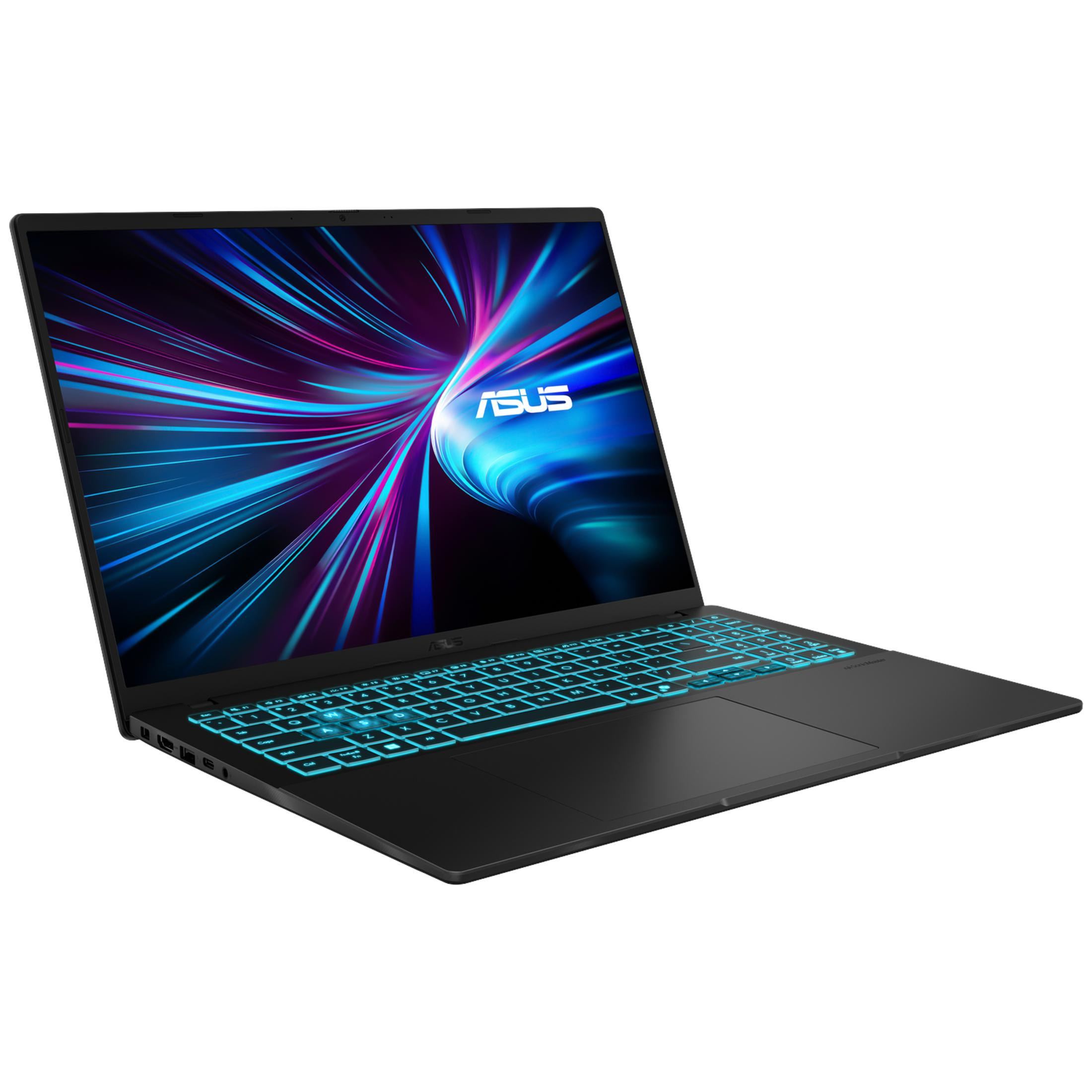 Black laptop with a glowing keyboard and an abstract background display.