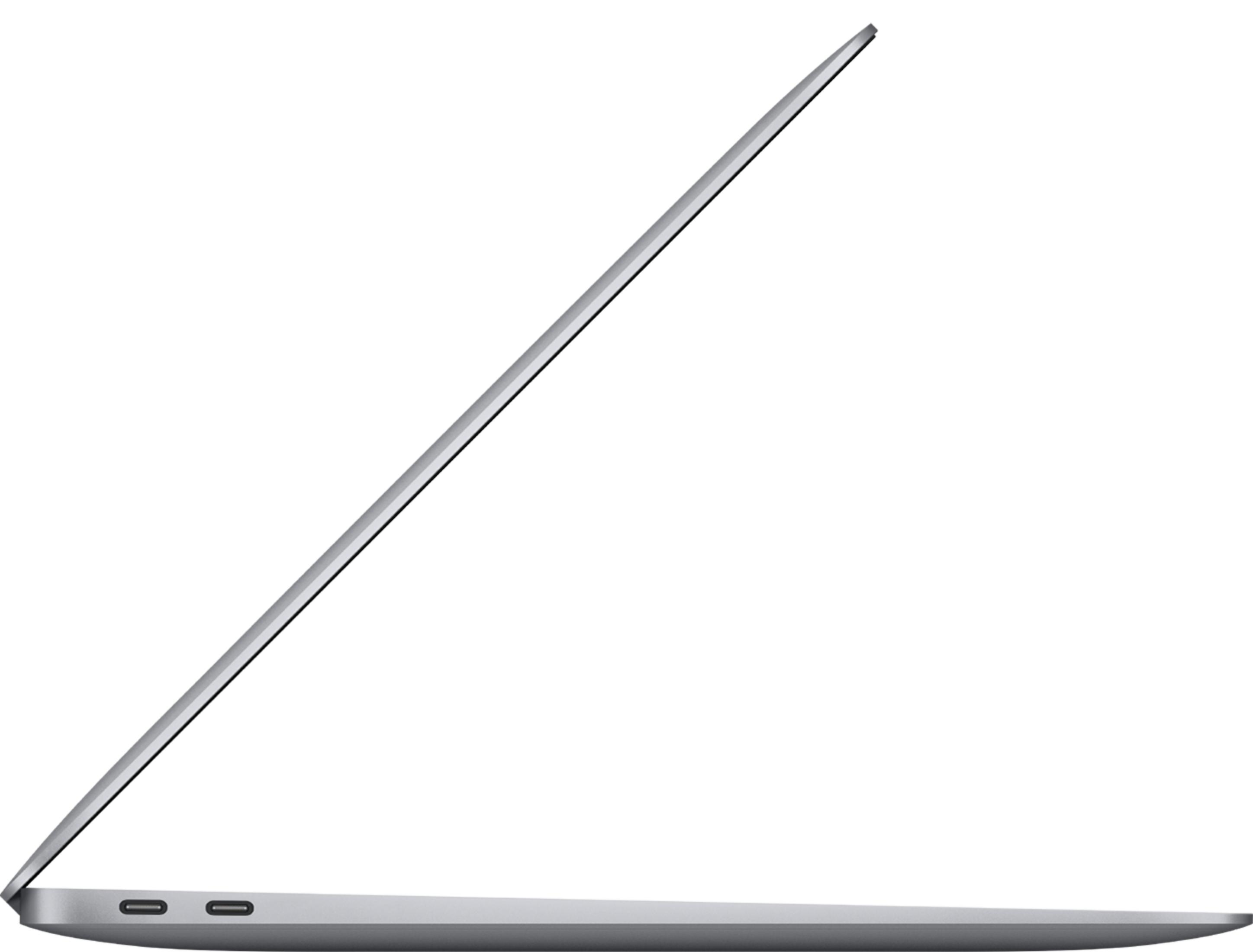 Silver laptop in side profile, screen open, showing two USB-C ports.