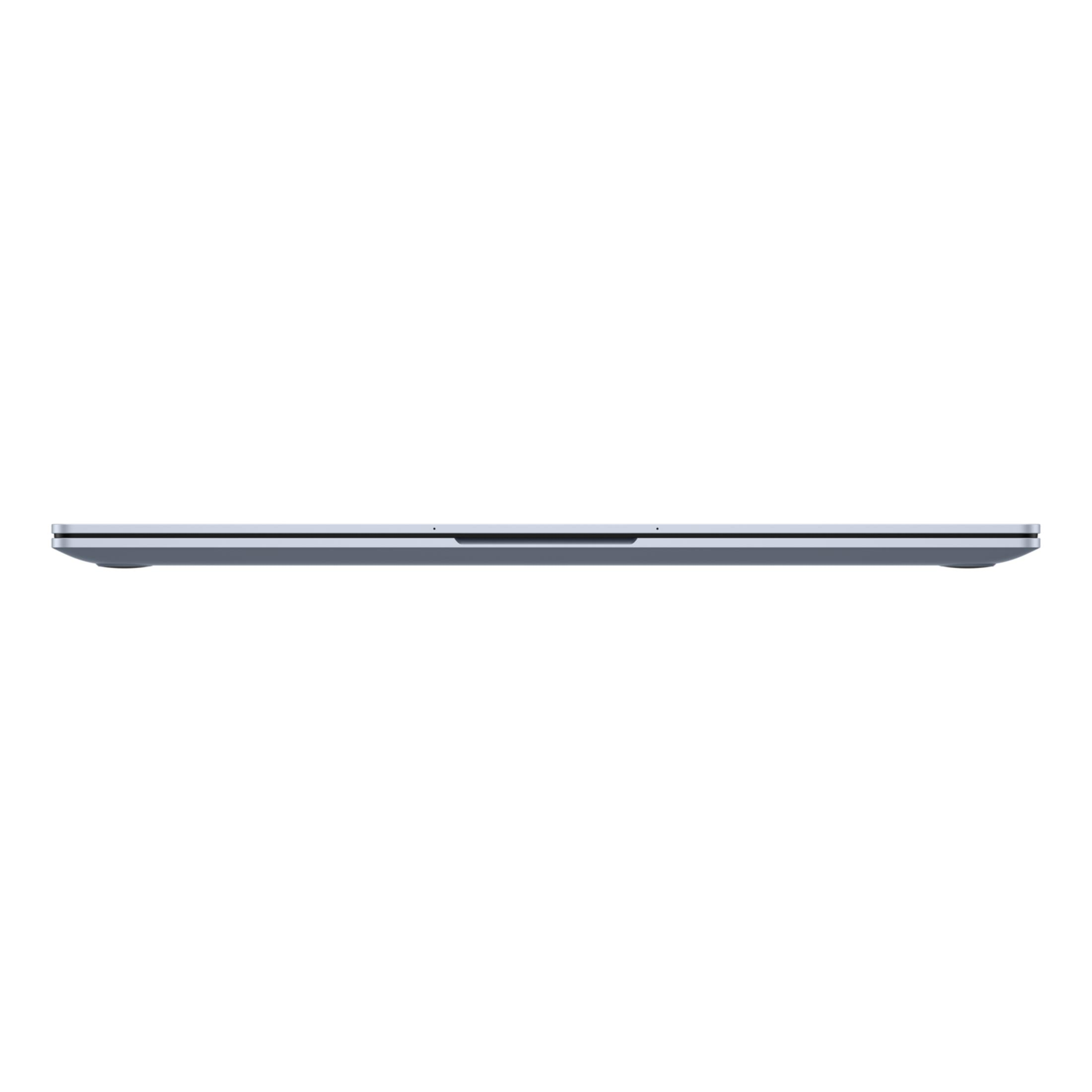 Ein geschlossener, schlanker, grauer Laptop, von der Seite gesehen.