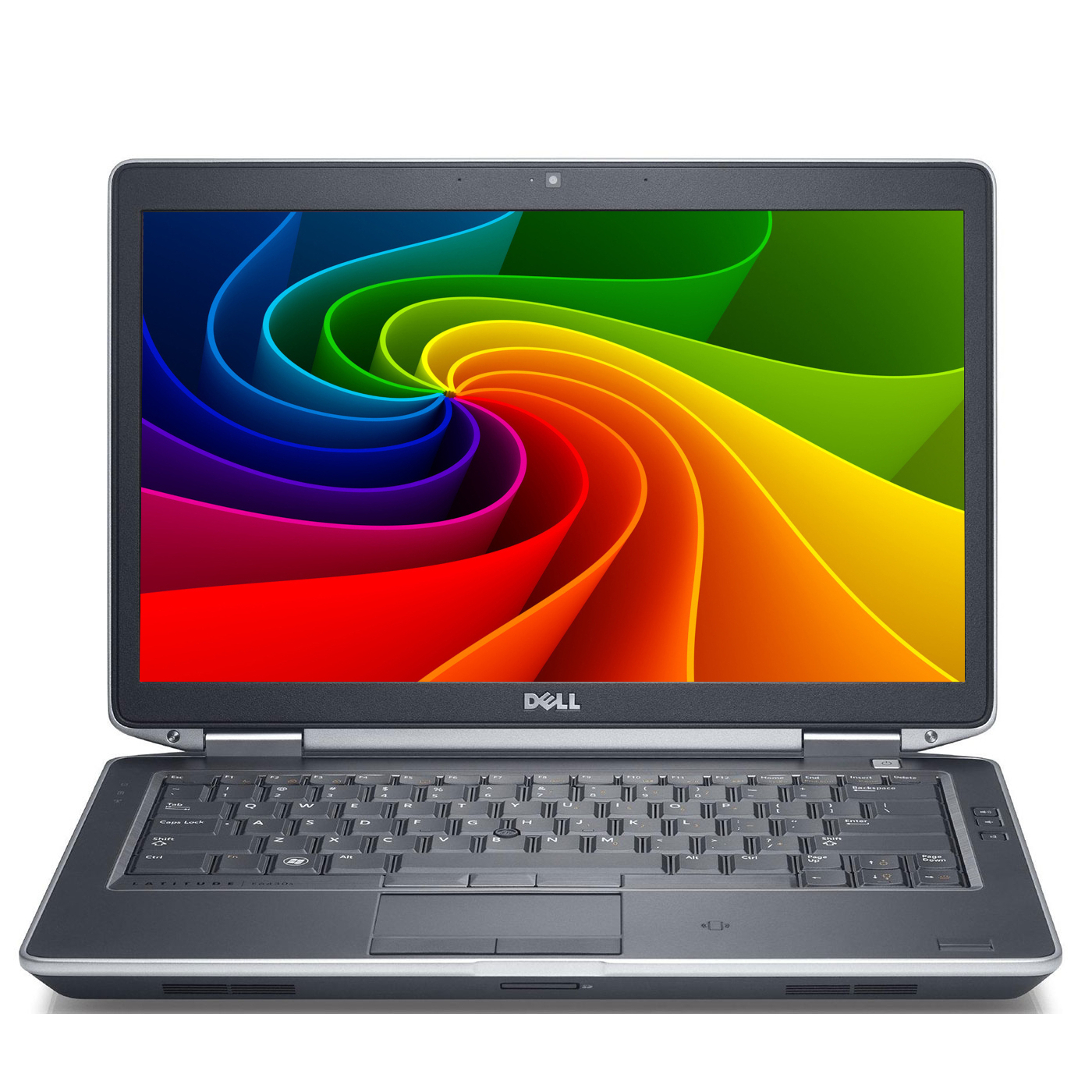 Ein offener Dell Laptop mit einem Regenbogen-Wirbel-Hintergrundbild auf dem Bildschirm.