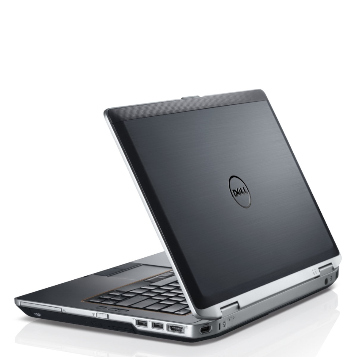 Ein geöffneter, dunkler Dell Laptop mit silbernen Akzenten auf weißem Hintergrund.