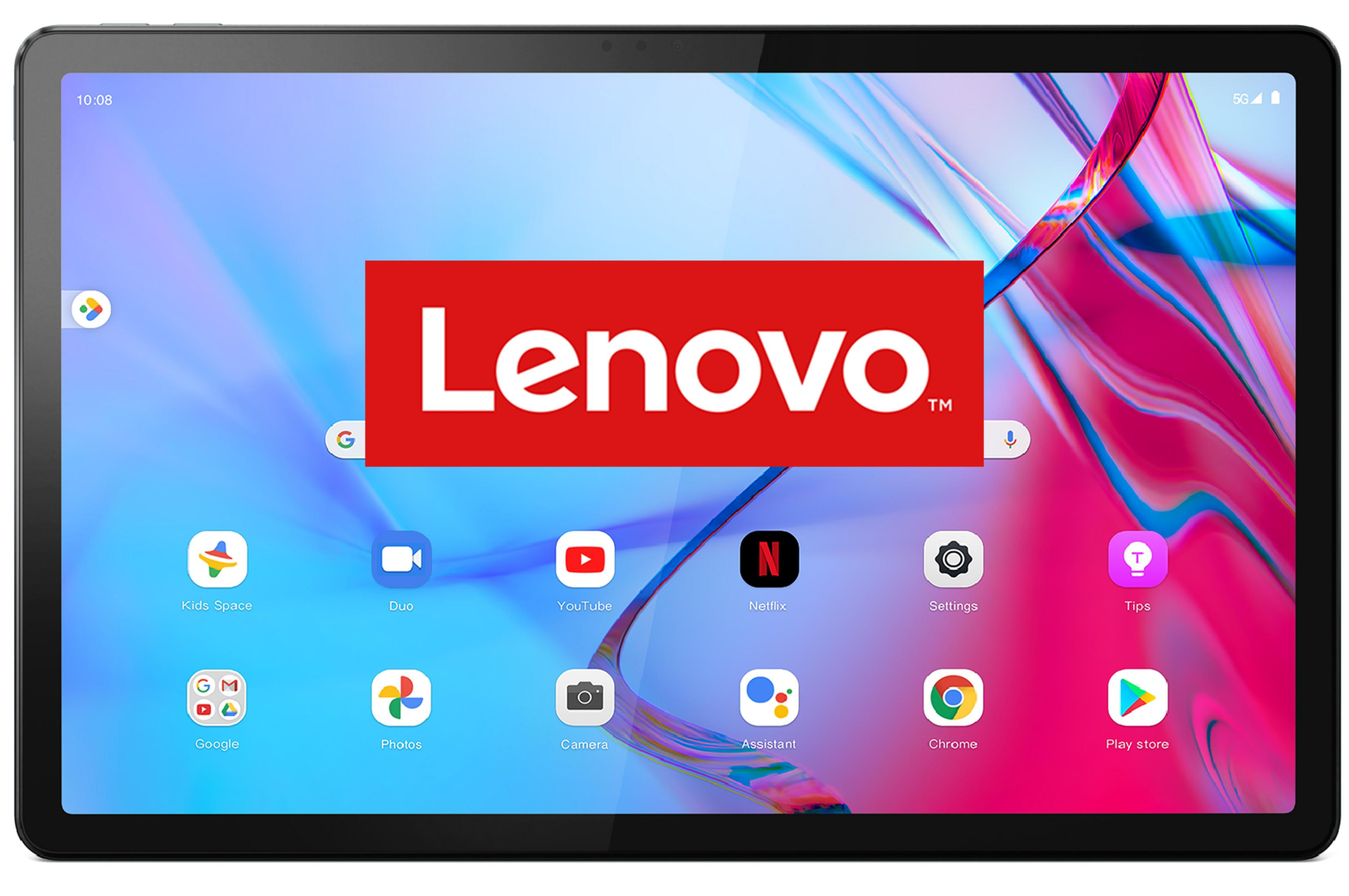 Tablet Lenovo wyświetlający aplikacje takie jak Google, YouTube i Netflix.