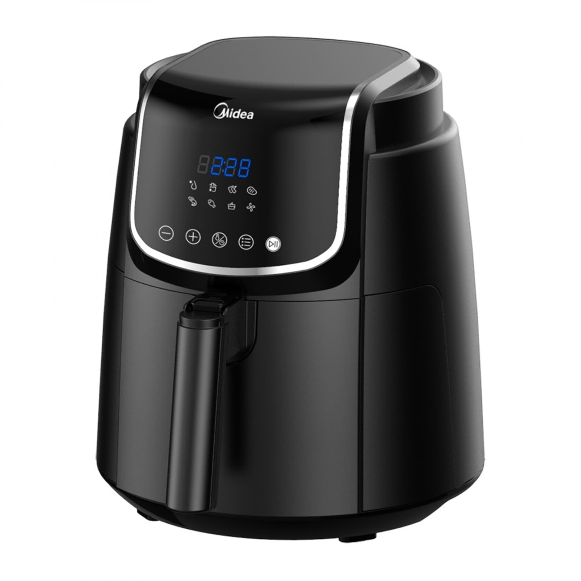 Black air fryer with digital display and control buttons.