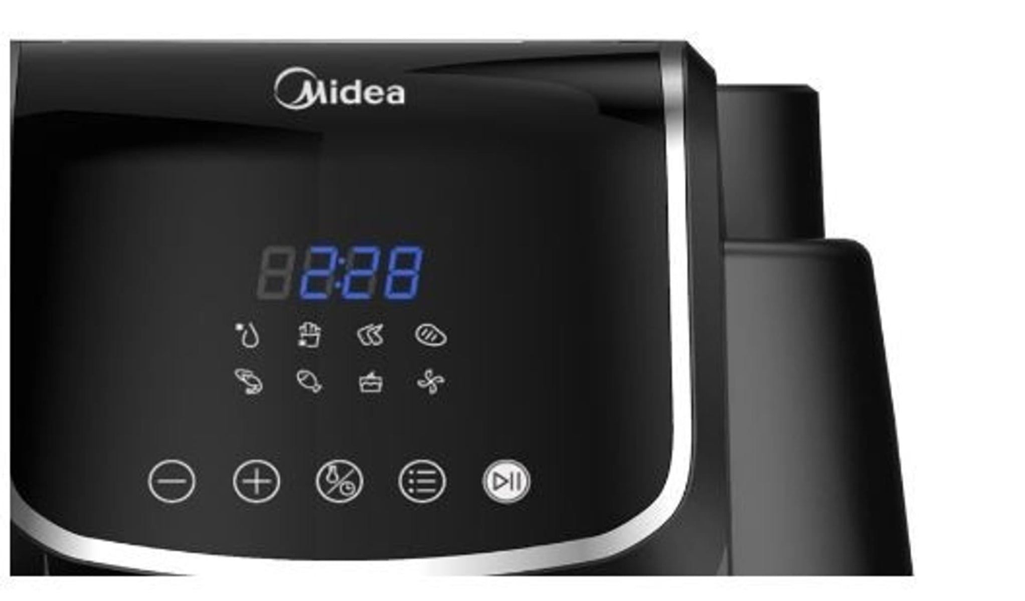 Close-up of a black Midea air fryer with a digital display and icons.