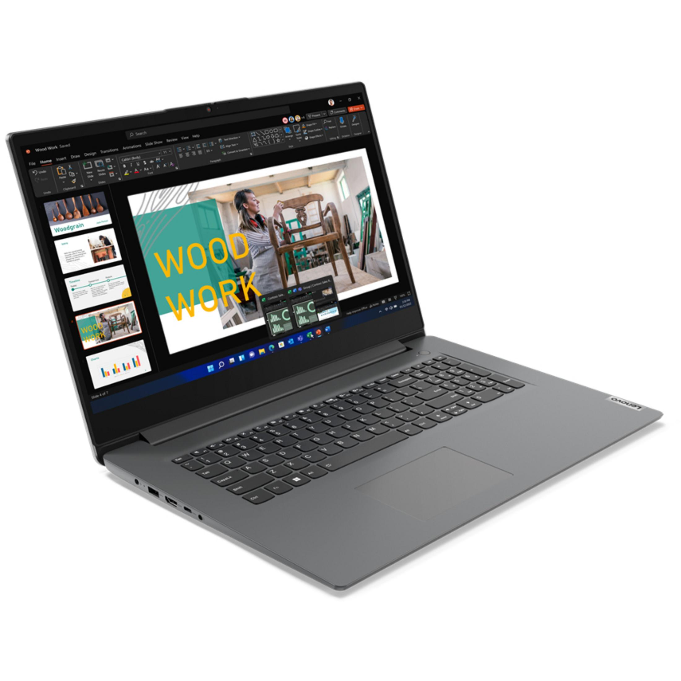 Laptop wyświetlający ekran prezentacji pokazujący obróbkę drewna.