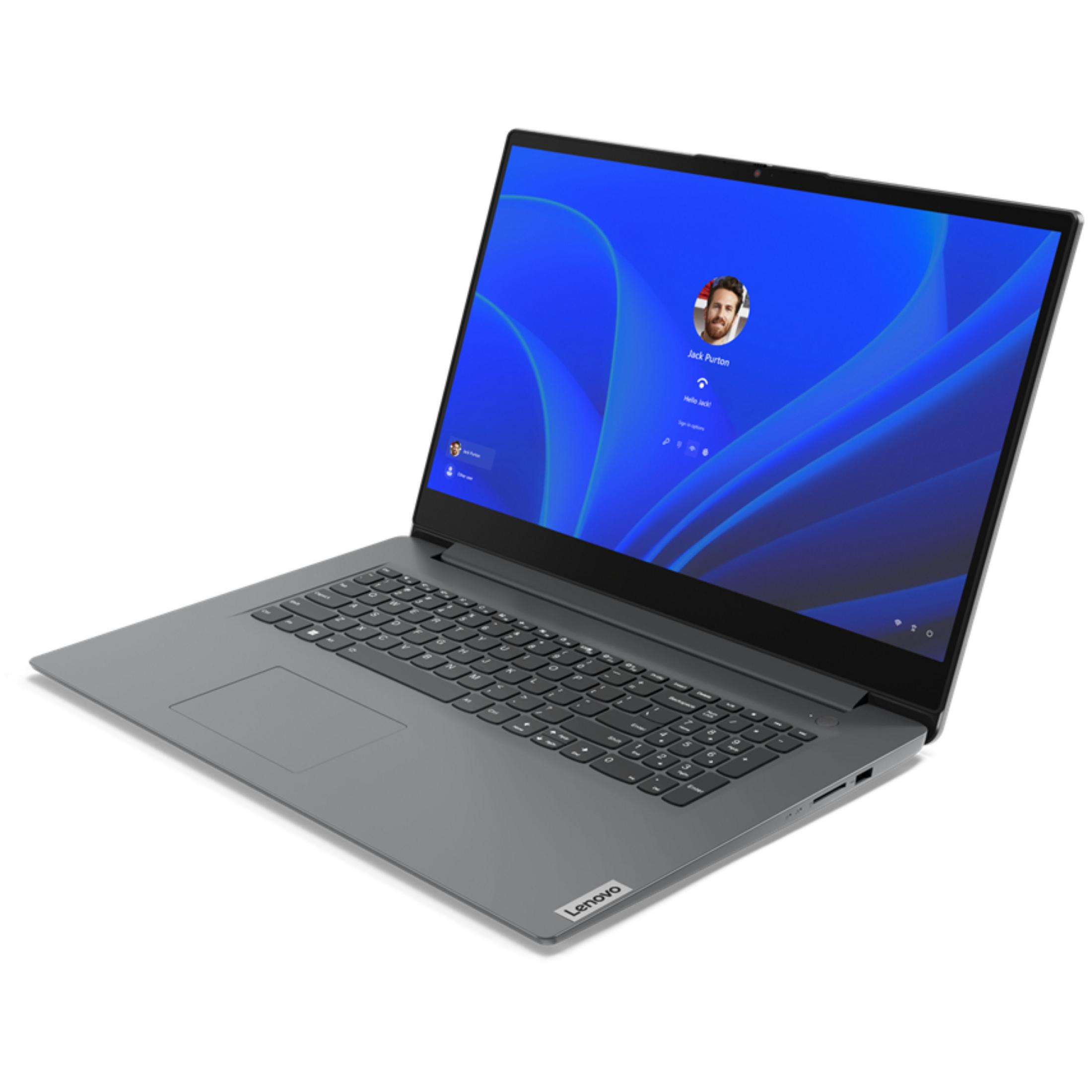 Szary laptop z klawiaturą i niebieską tapetą na ekranie.