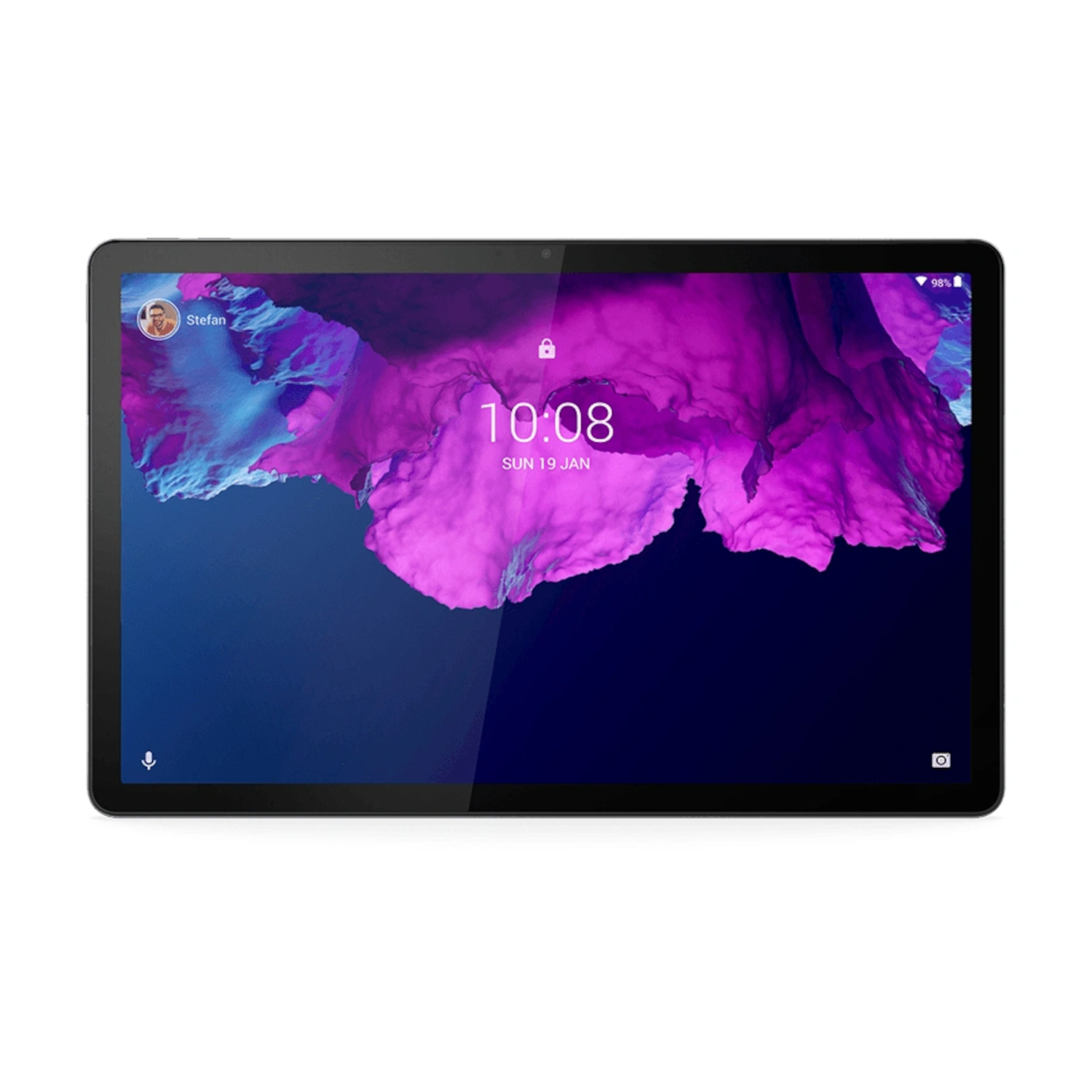 Una tableta negra muestra una pantalla de bloqueo con un fondo abstracto morado y hora 10:08.