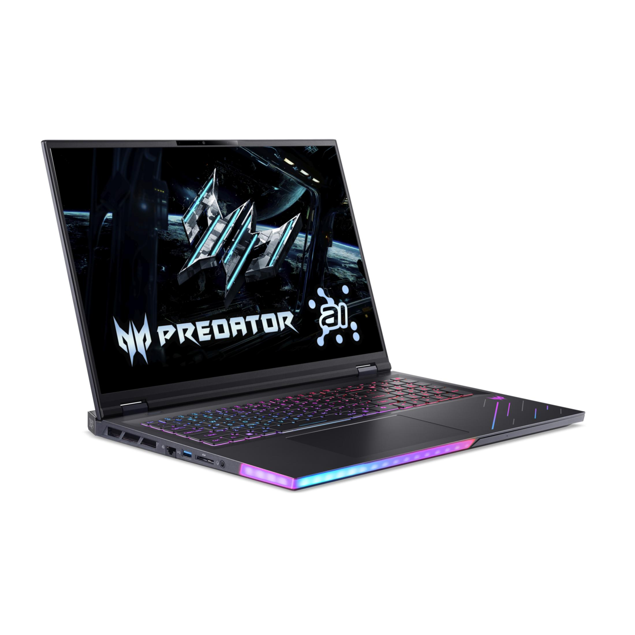 Black laptop with illuminated keyboard and Predator AI logo on screen.