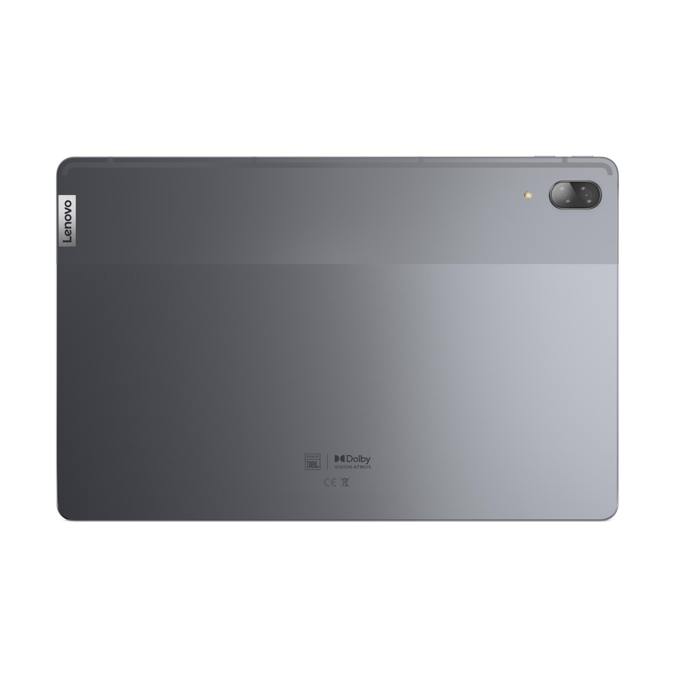 Graues Lenovo Tablet mit Doppel-Kamera und Blitz auf der Rückseite.