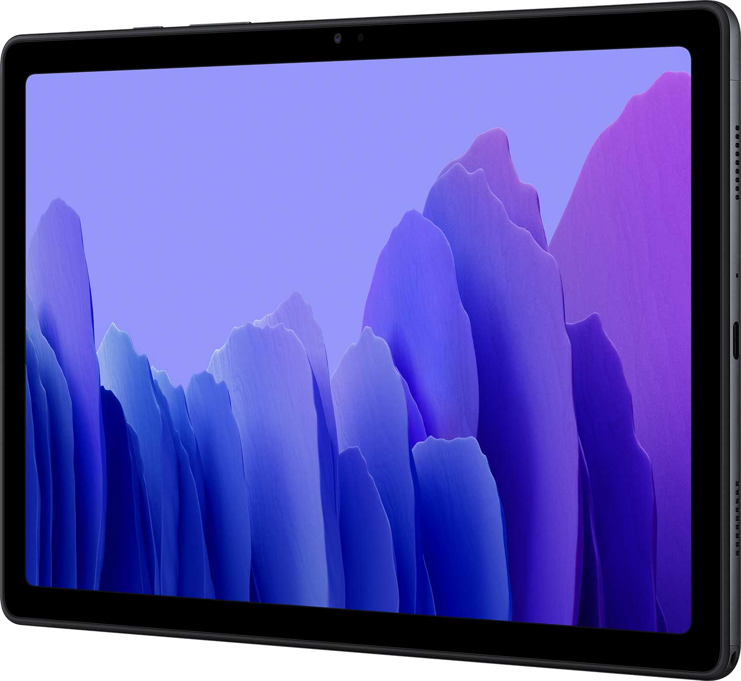 Ein dunkles Tablet mit einem violetten und blauen Hintergrundbild.
