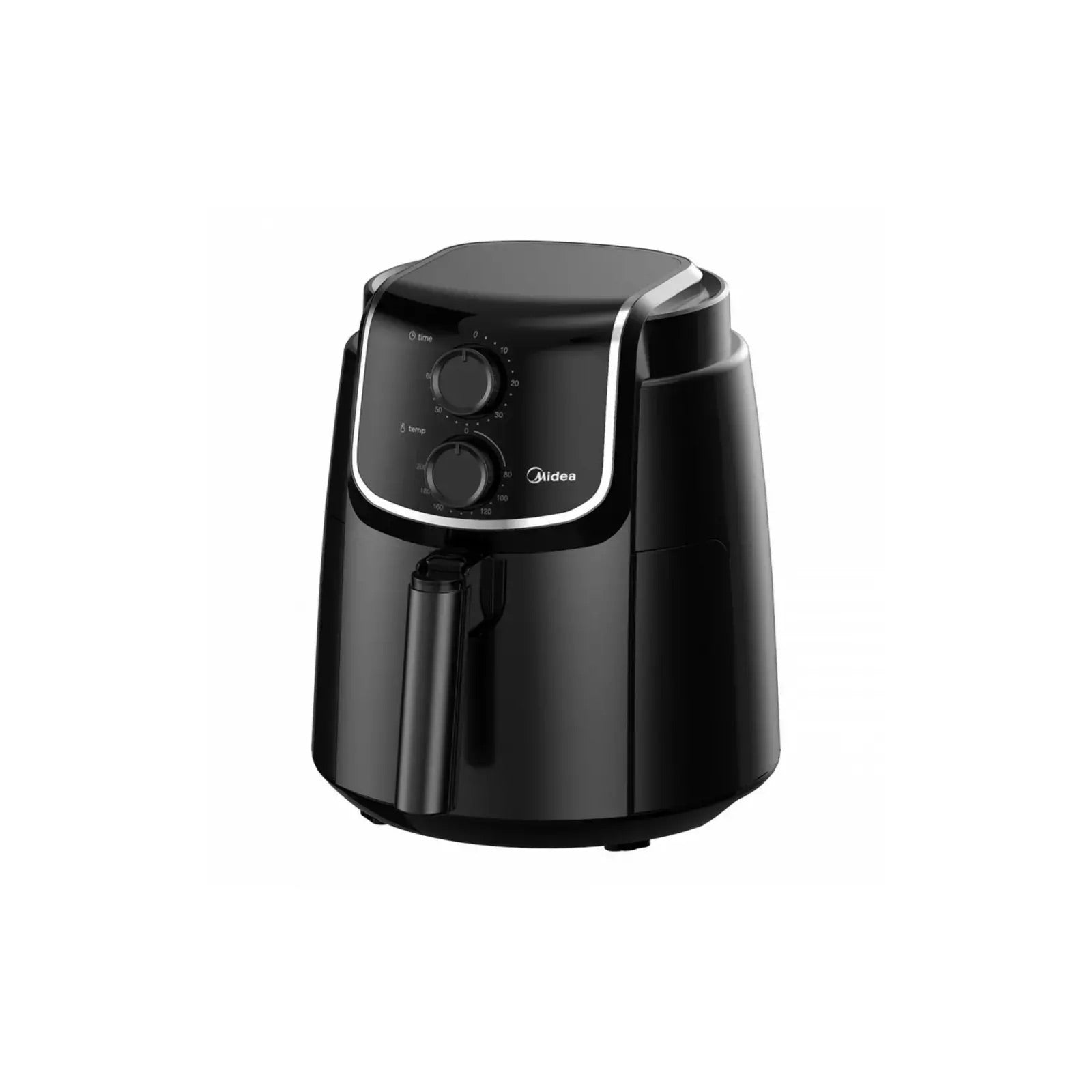 Black air fryer with control knobs for time and temperature settings.