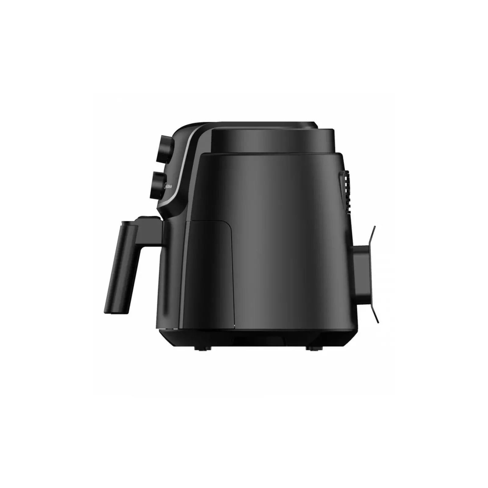 Black air fryer with handle and knobs, on a white background.