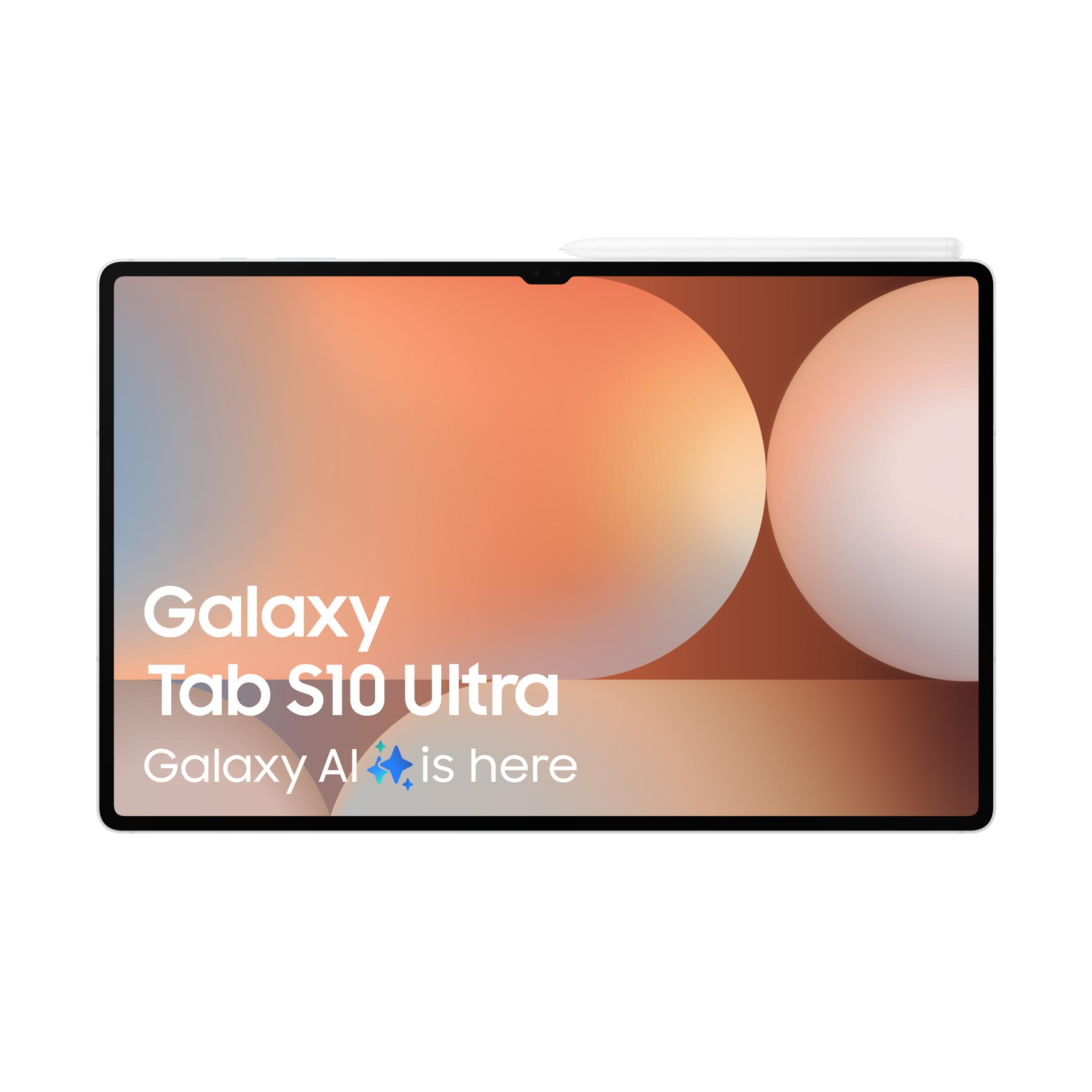 Een tablet met de tekst 'Galaxy Tab S10 Ultra' en 'Galaxy AI is here'.