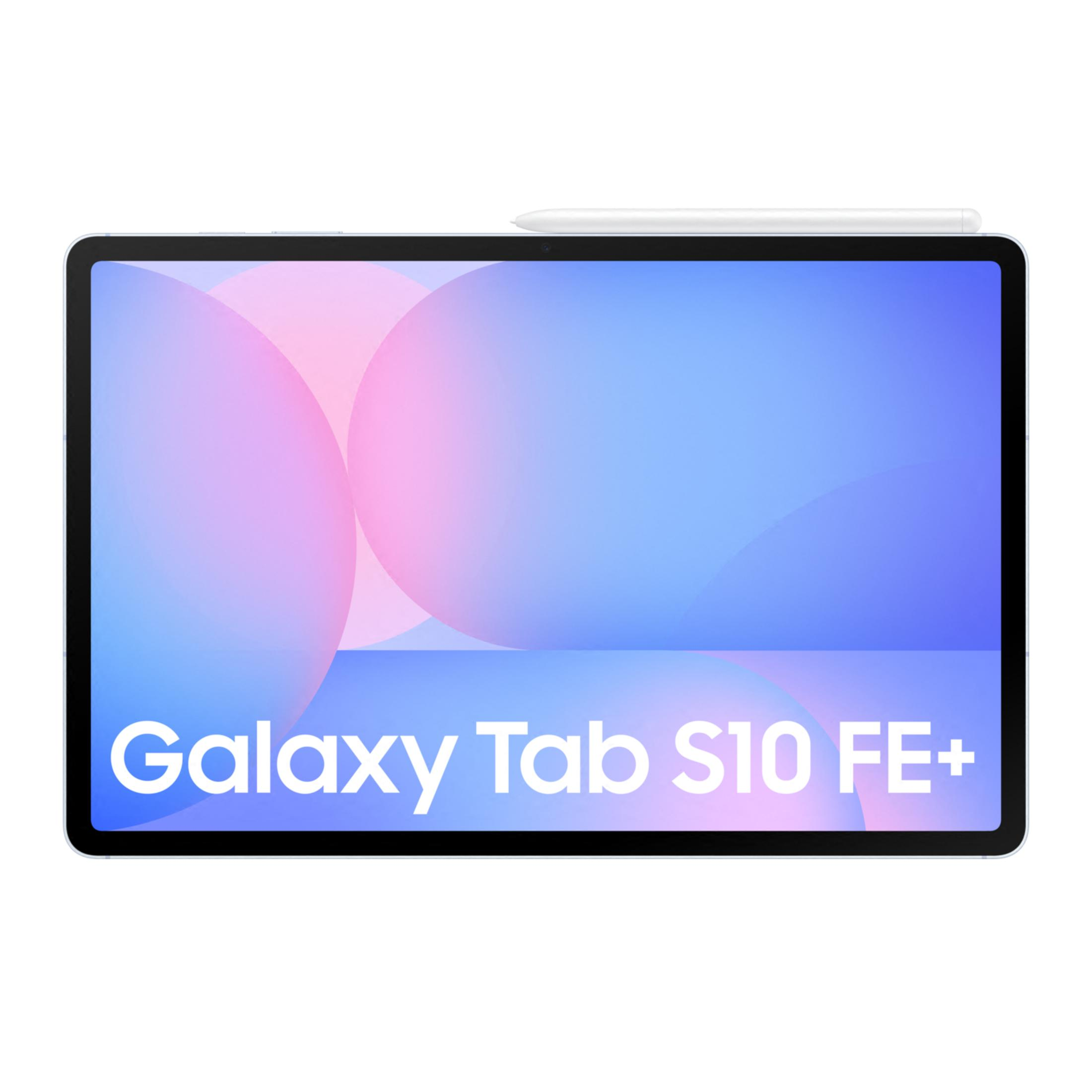 Tablet ze stylusem wyświetlający napis 'Galaxy Tab S10 FE+' na białym tle.