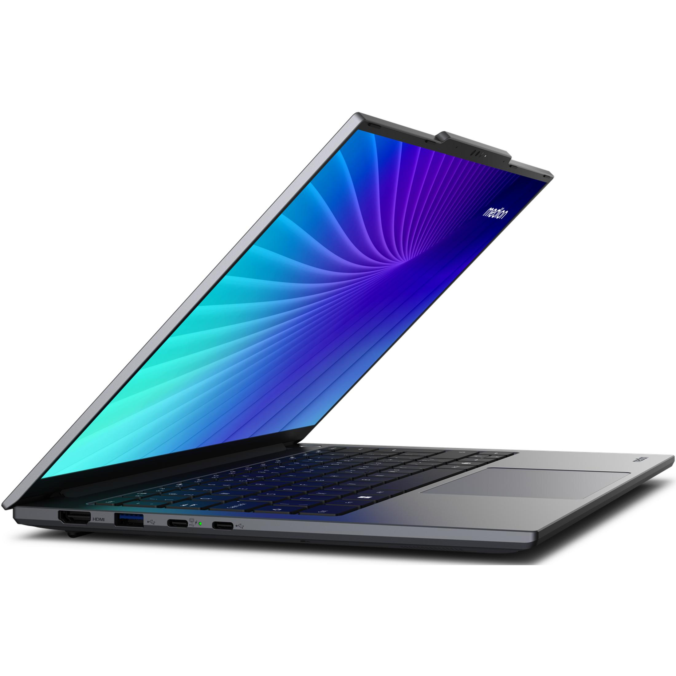 A grey laptop is open, displaying a colorful abstract wallpaper. Ports on the side.