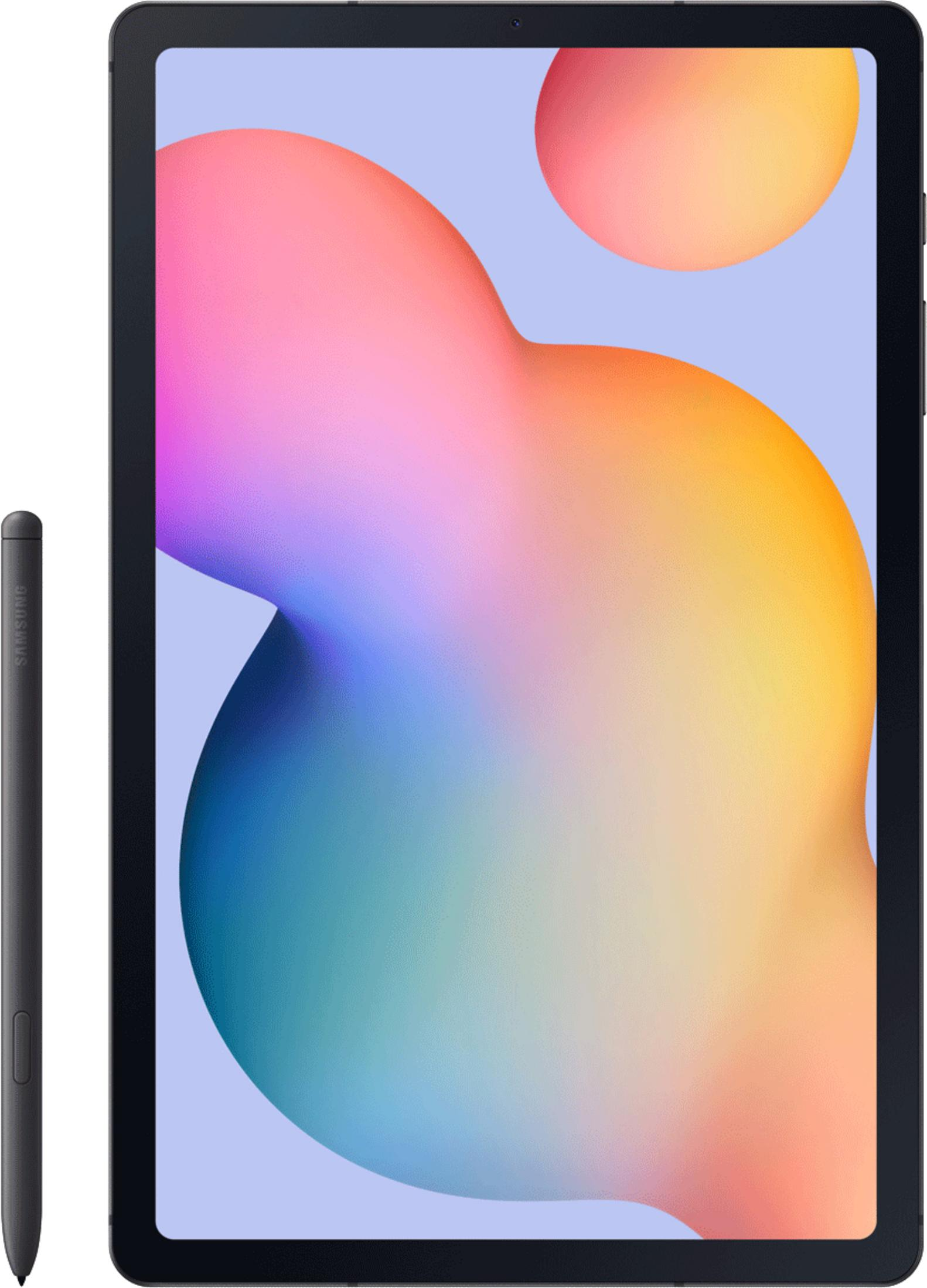 Ein dunkles Tablet mit Stift liegt auf hellem lila Hintergrund mit bunten Klecksen.