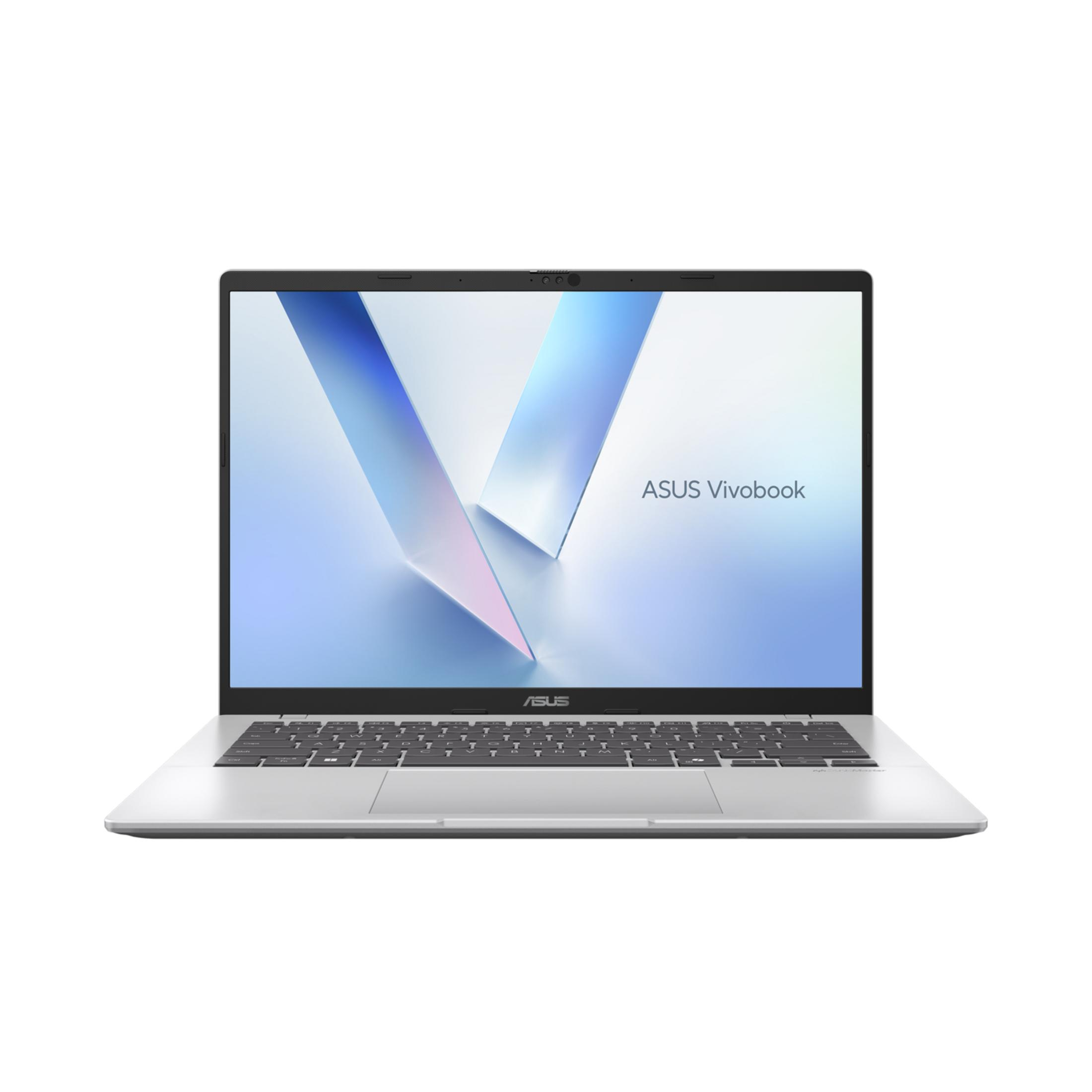 Ordinateur portable ASUS Vivobook argenté avec fond abstrait bleu clair.