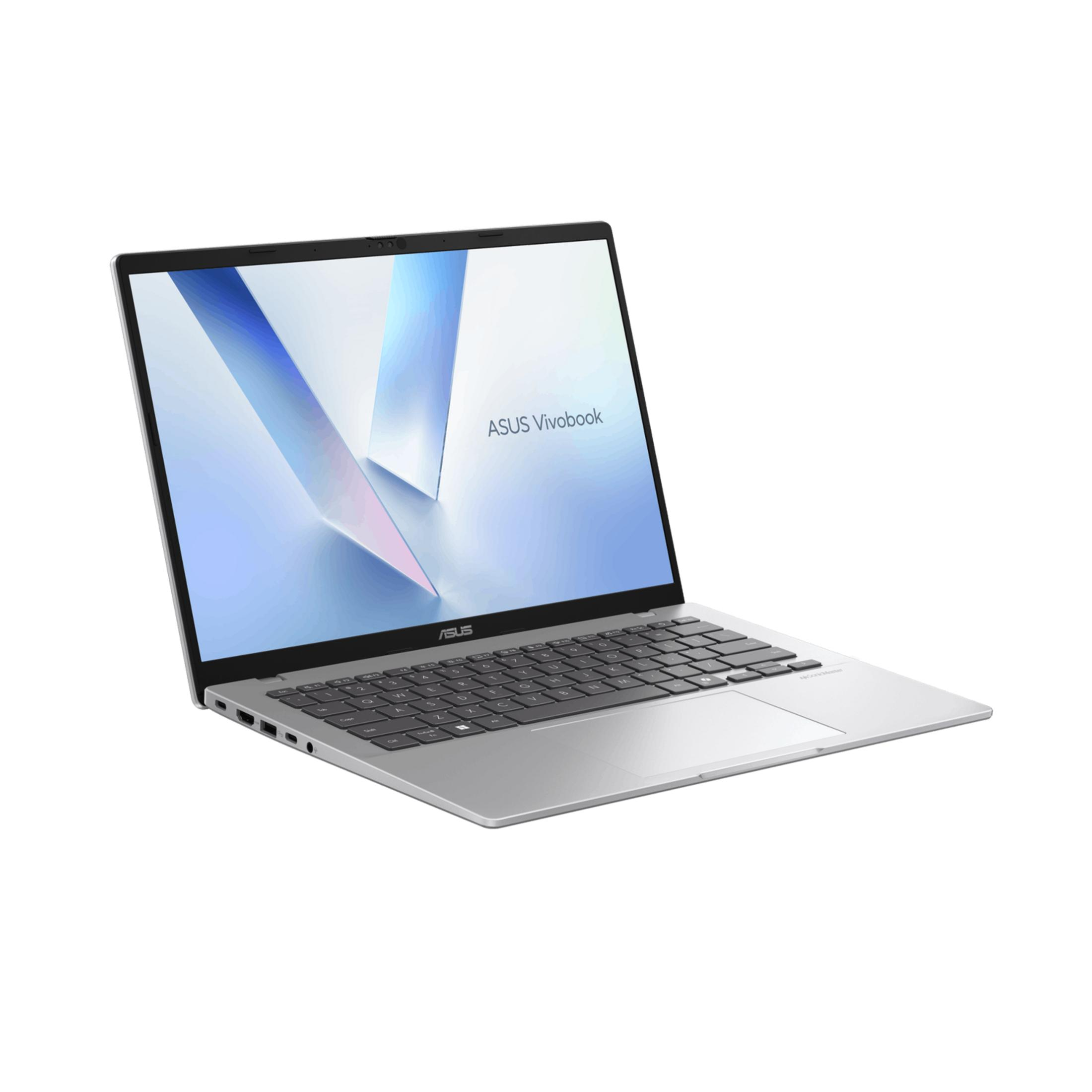 Un ordinateur portable Asus Vivobook argenté est ouvert sur fond blanc.