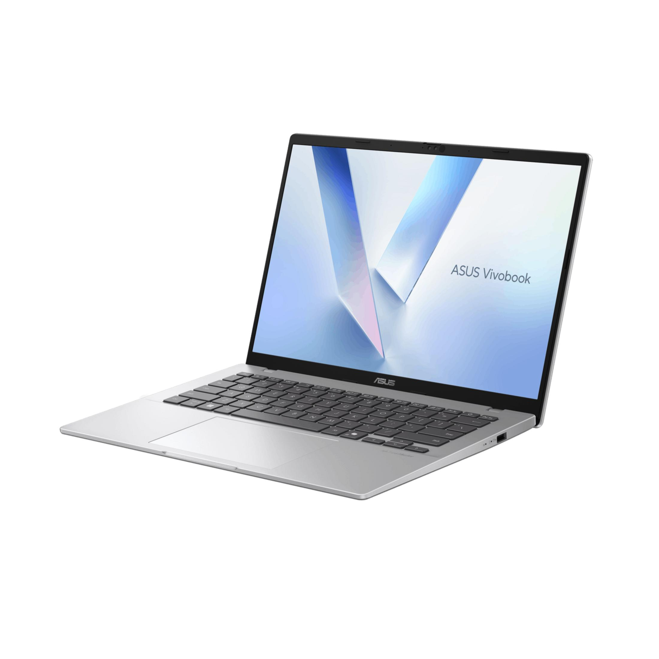 Un ordinateur portable argenté avec écran allumé, affichant le logo ASUS Vivobook.