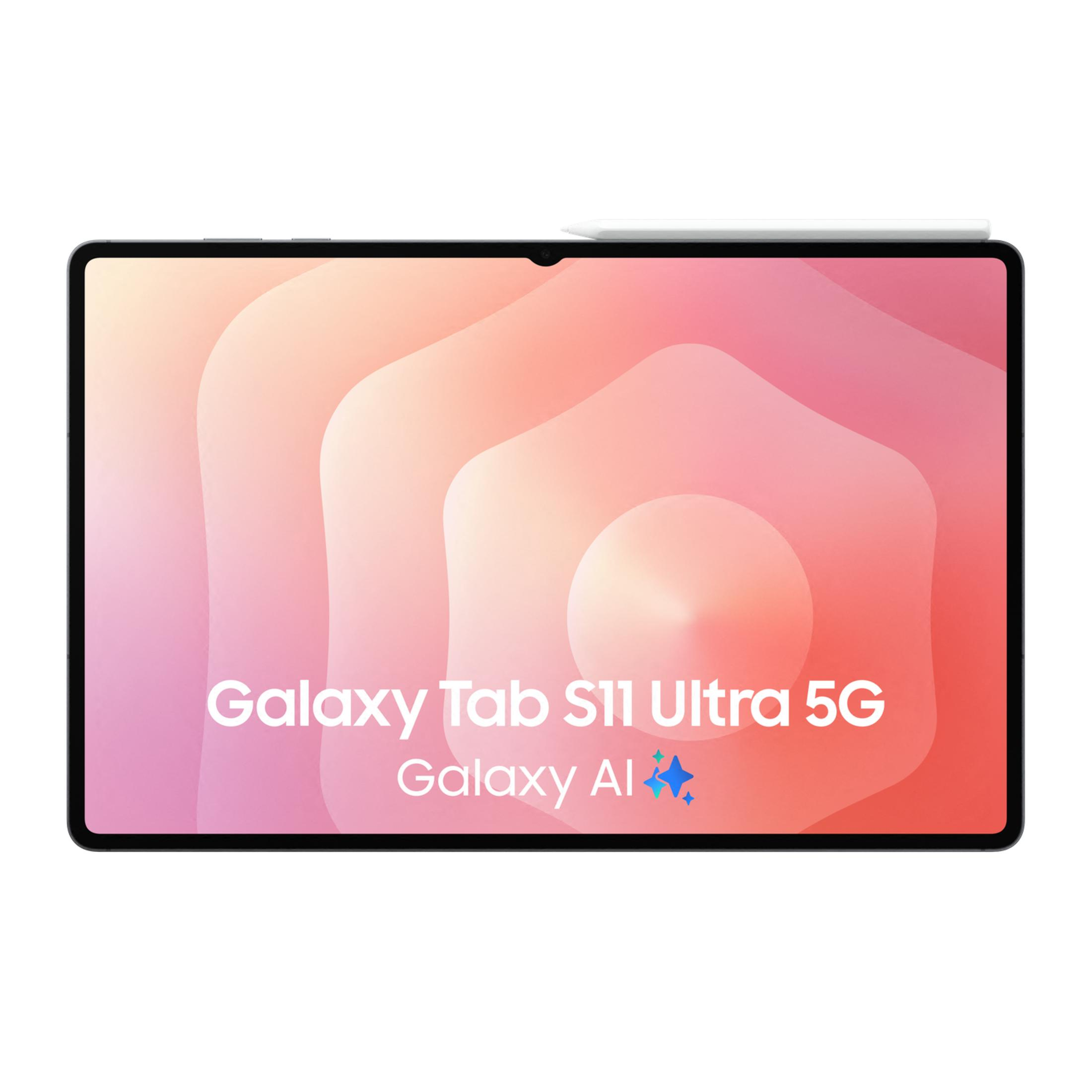 Ein Tablet mit einem weißen Stift, das mit Galaxy Tab S11 Ultra 5G wirbt.