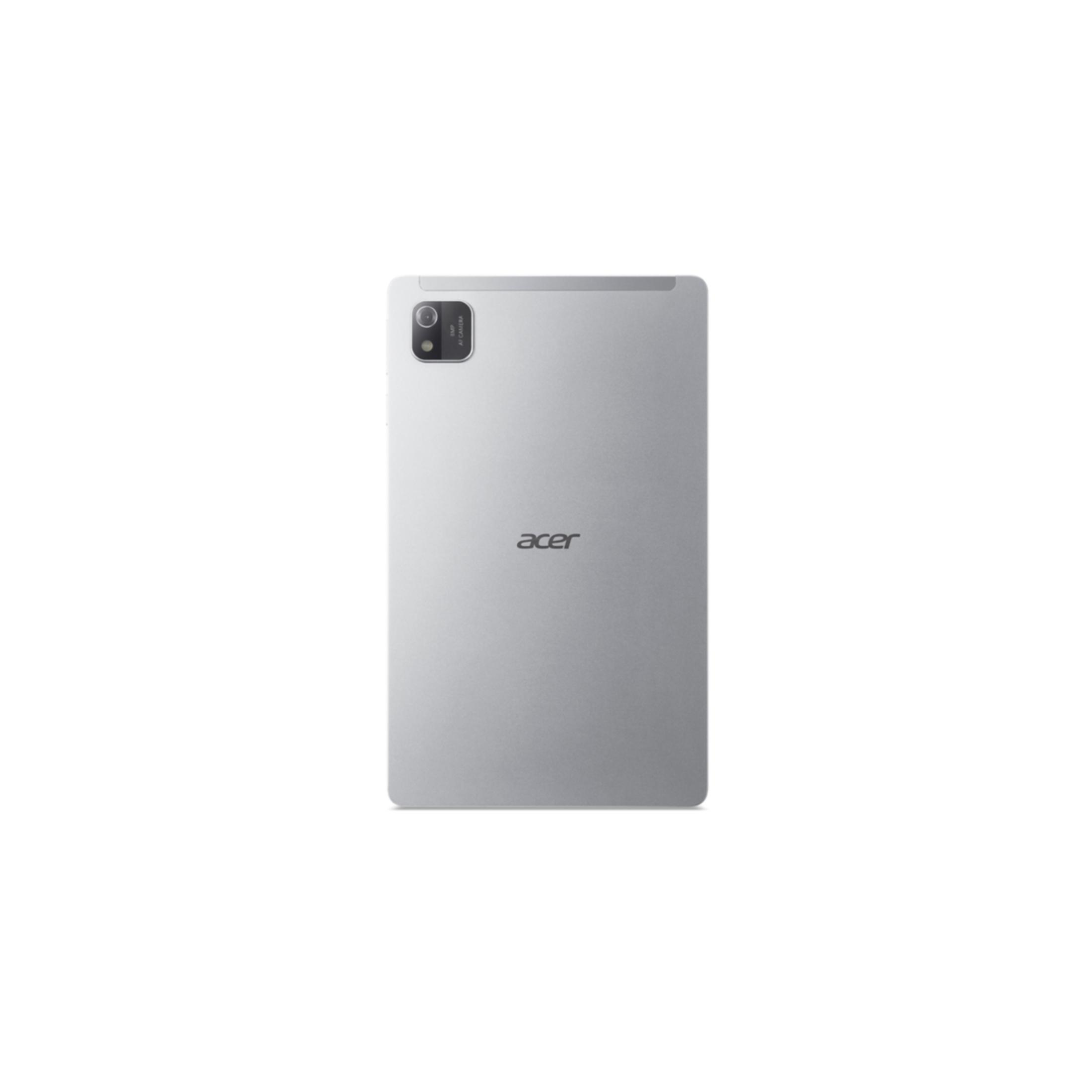 Achterkant van een zilveren Acer tablet met camera en Acer logo.
