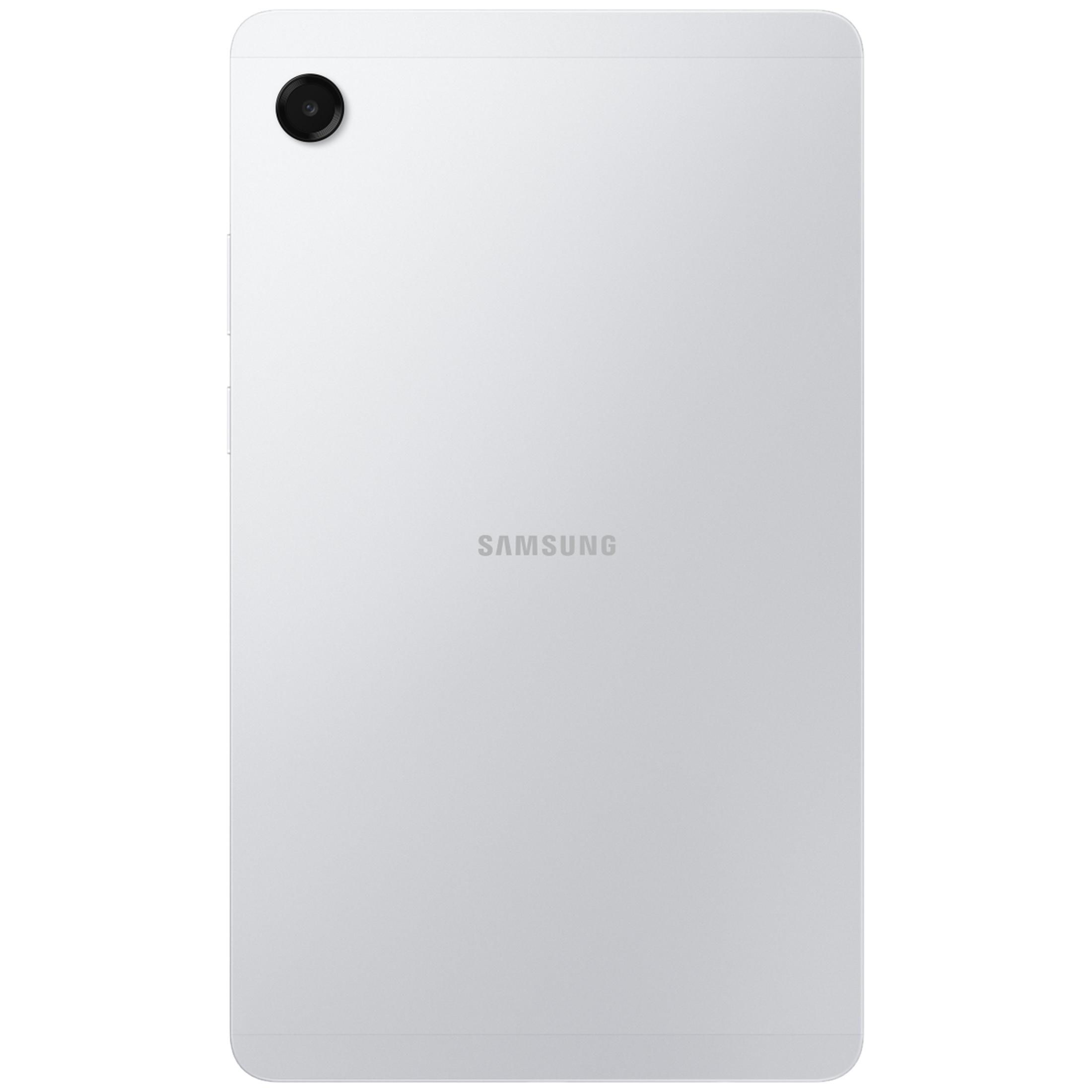 Weiße Rückseite eines Tablets mit Samsung-Logo und Kameraobjektiv oben links.