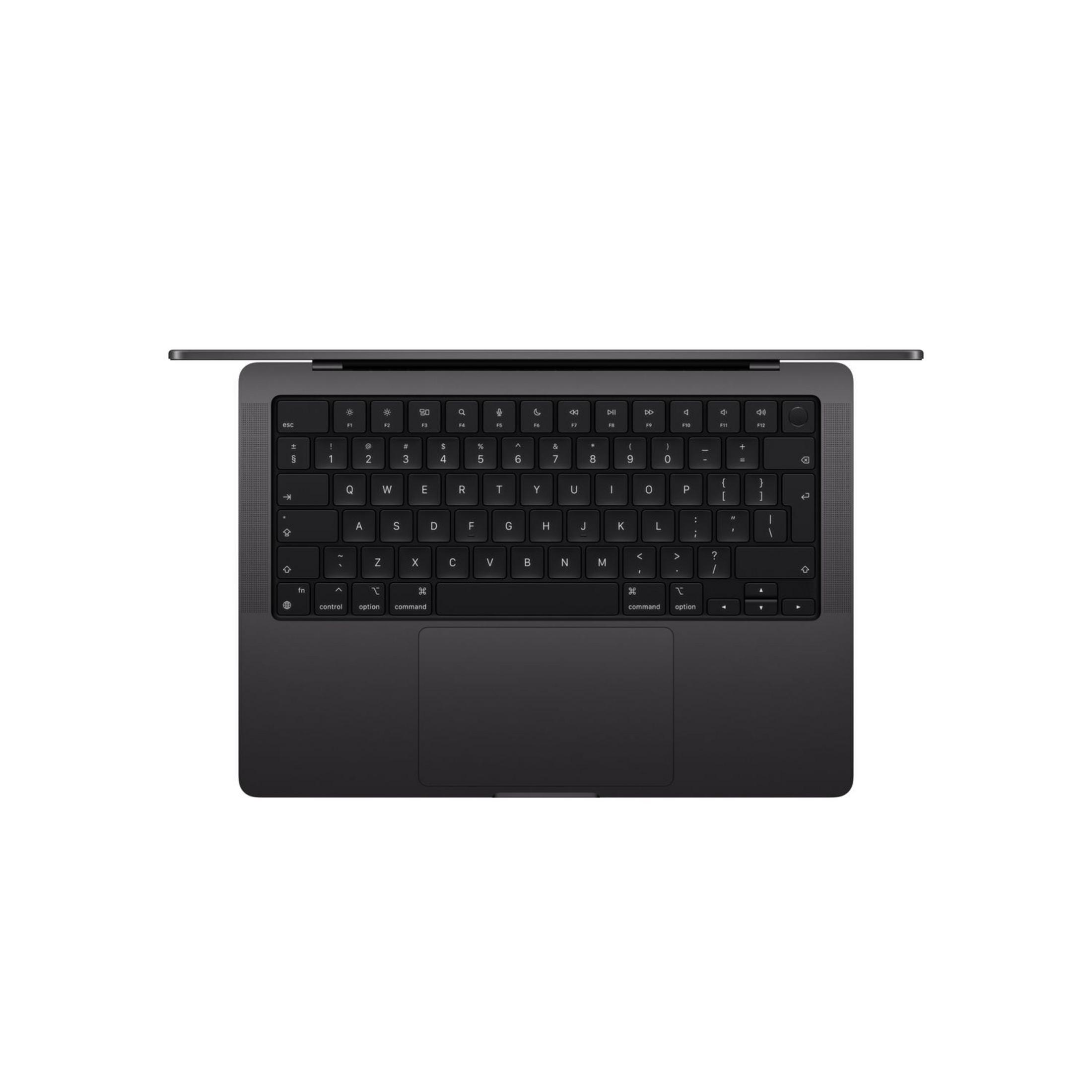 Dark gray MacBook with lid open, showing keyboard and trackpad.