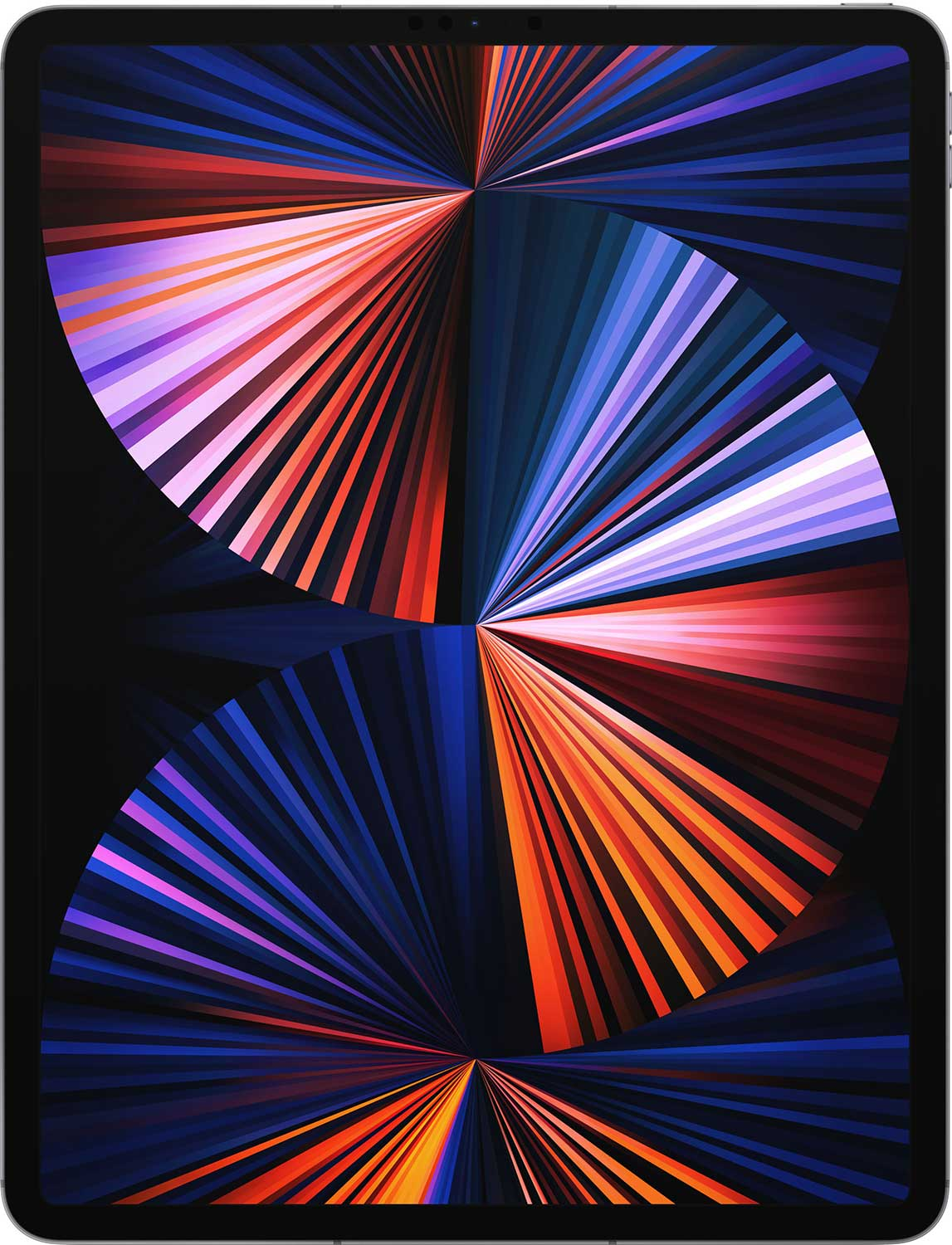 Abstracte achtergrond met waaierachtige stralen in blauw-, paars-, oranje- en roodtinten op een zwarte achtergrond.