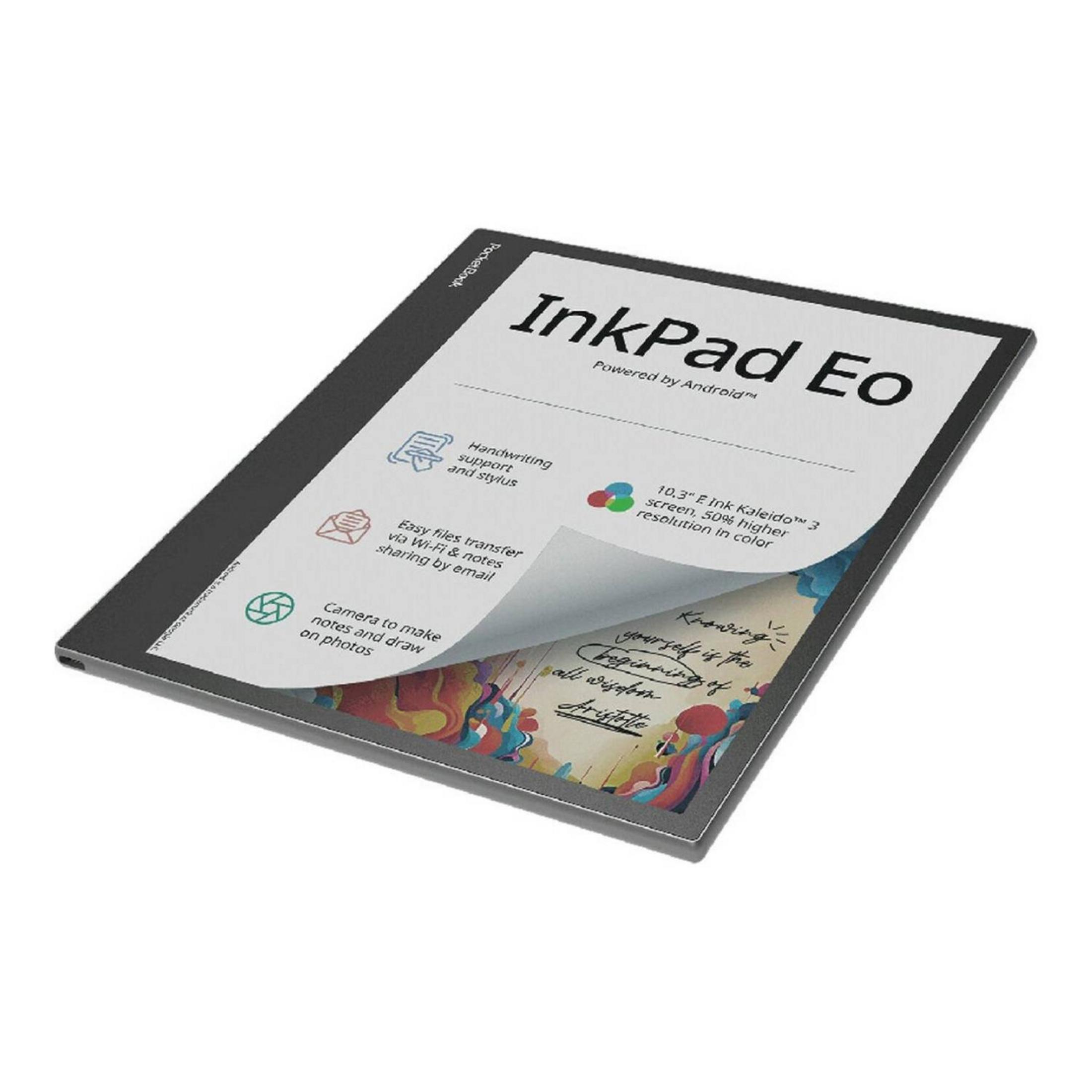 PocketBook InkPad Eo z ekranem E Ink 10,3" pokazującym funkcje: pisanie odręczne, przesyłanie plików, aparat.
