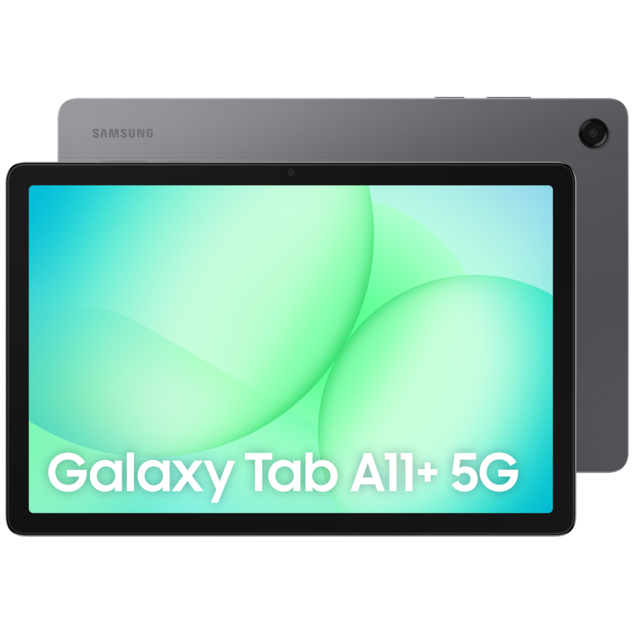 Tablet Samsung Galaxy Tab A11+ 5G w kolorze ciemnoszarym, widok z przodu i tyłu.