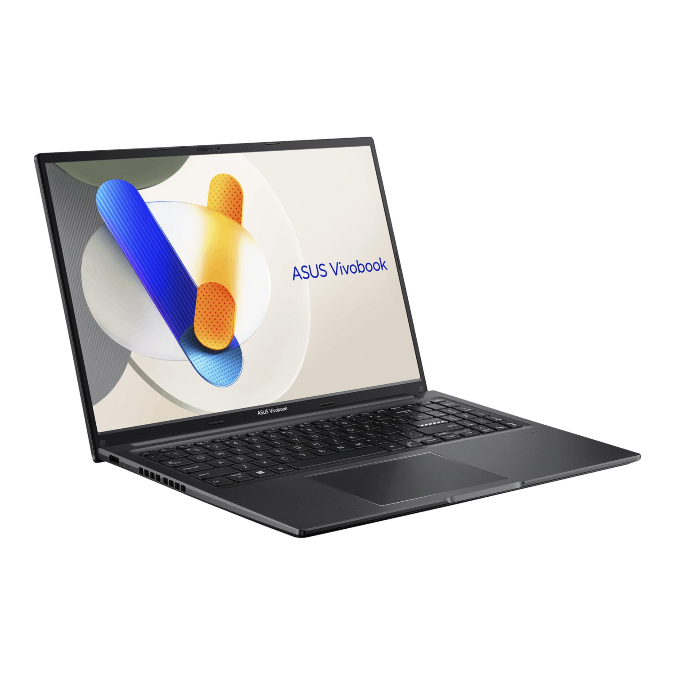 An opened laptop displaying the ASUS Vivobook logo on its screen.