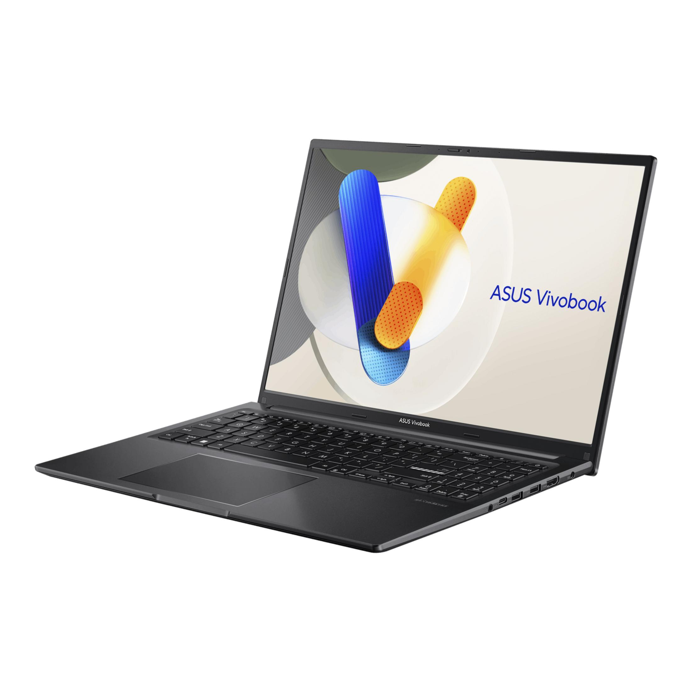 An open, dark ASUS Vivobook laptop showing its keyboard and screen.