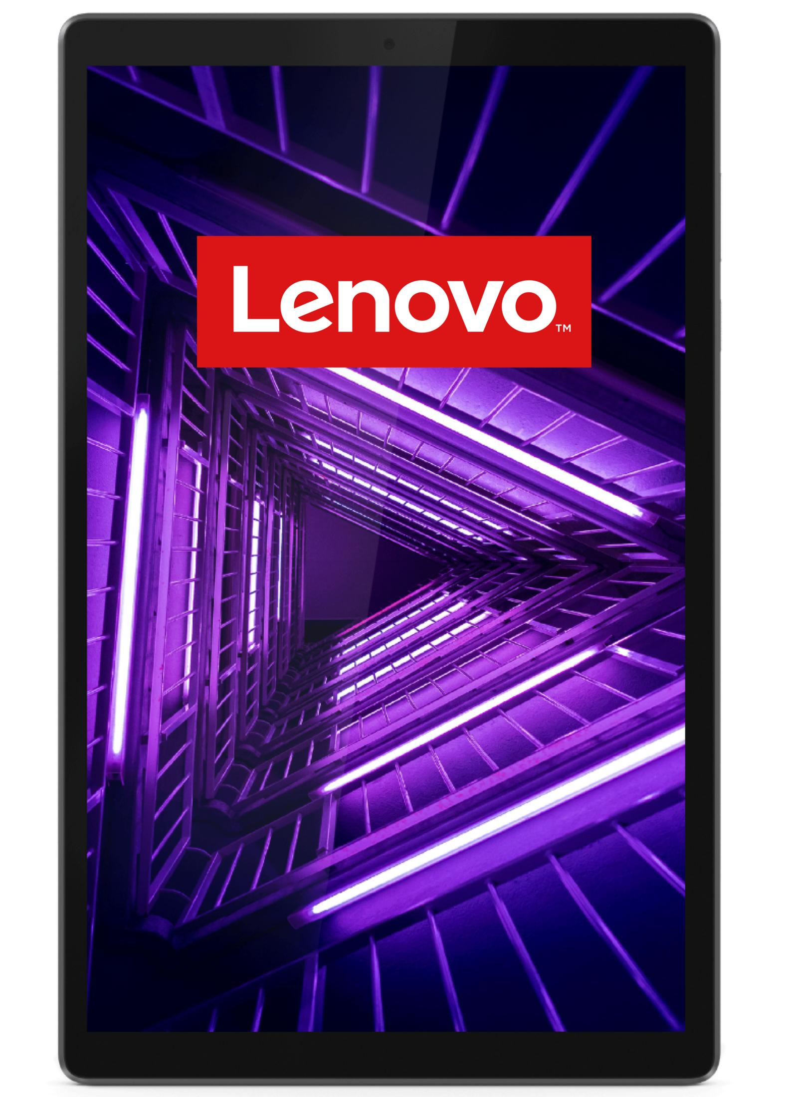 Tablet wyświetla logo Lenovo na fioletowym, oświetlonym wzorze klatki schodowej.