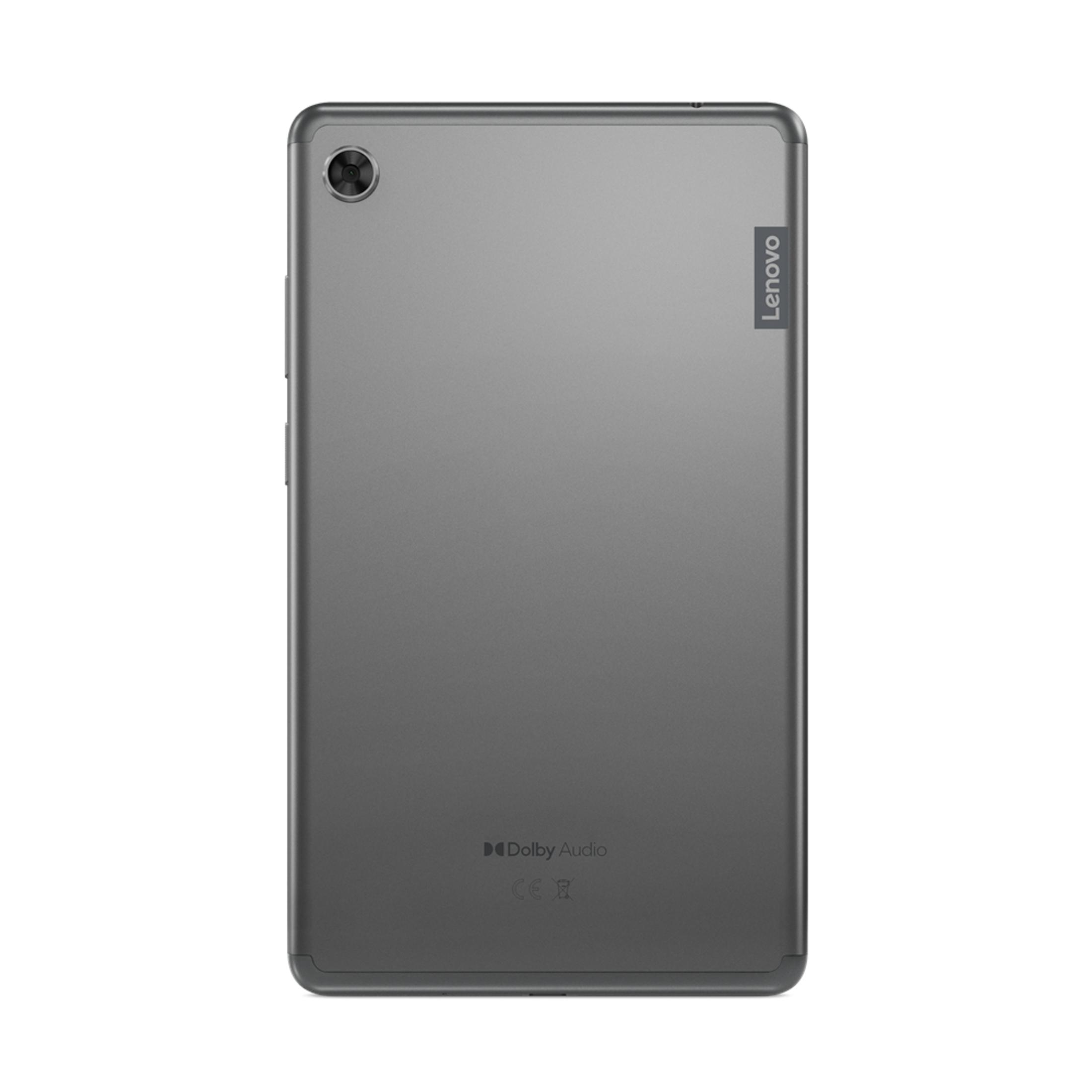 Rückseite eines grauen Lenovo Tablets mit Kamera und Dolby Audio-Logo.
