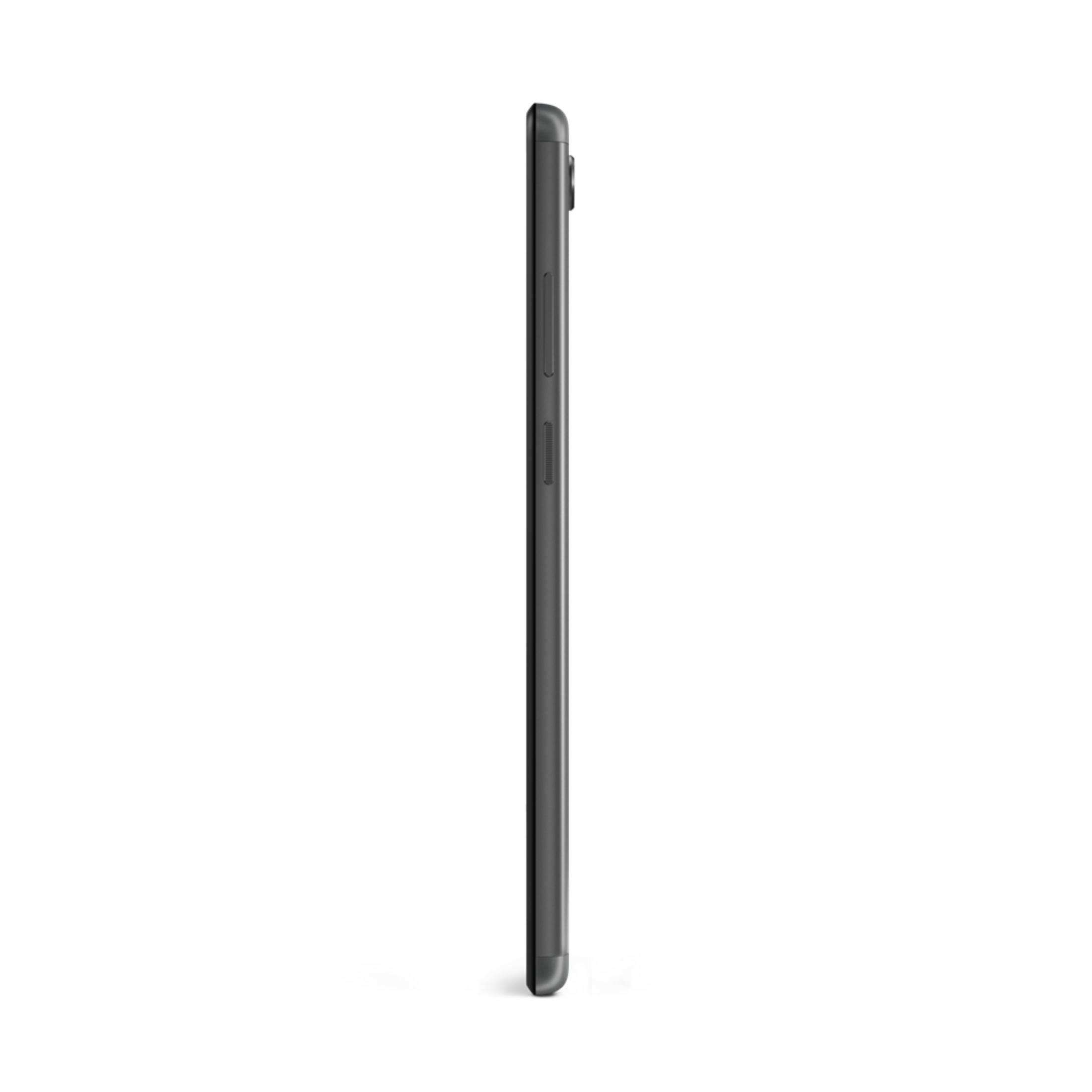 Graues Smartphone im Profil auf weißem Hintergrund, mit Lautstärketasten.