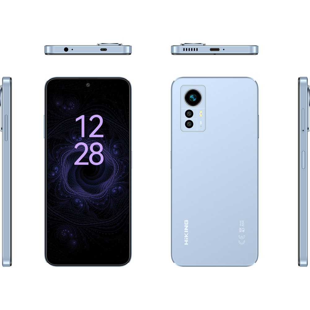 Açık mavi bir akıllı telefon her yönden gösteriliyor. Ön yüzde 12 28 yazıyor.