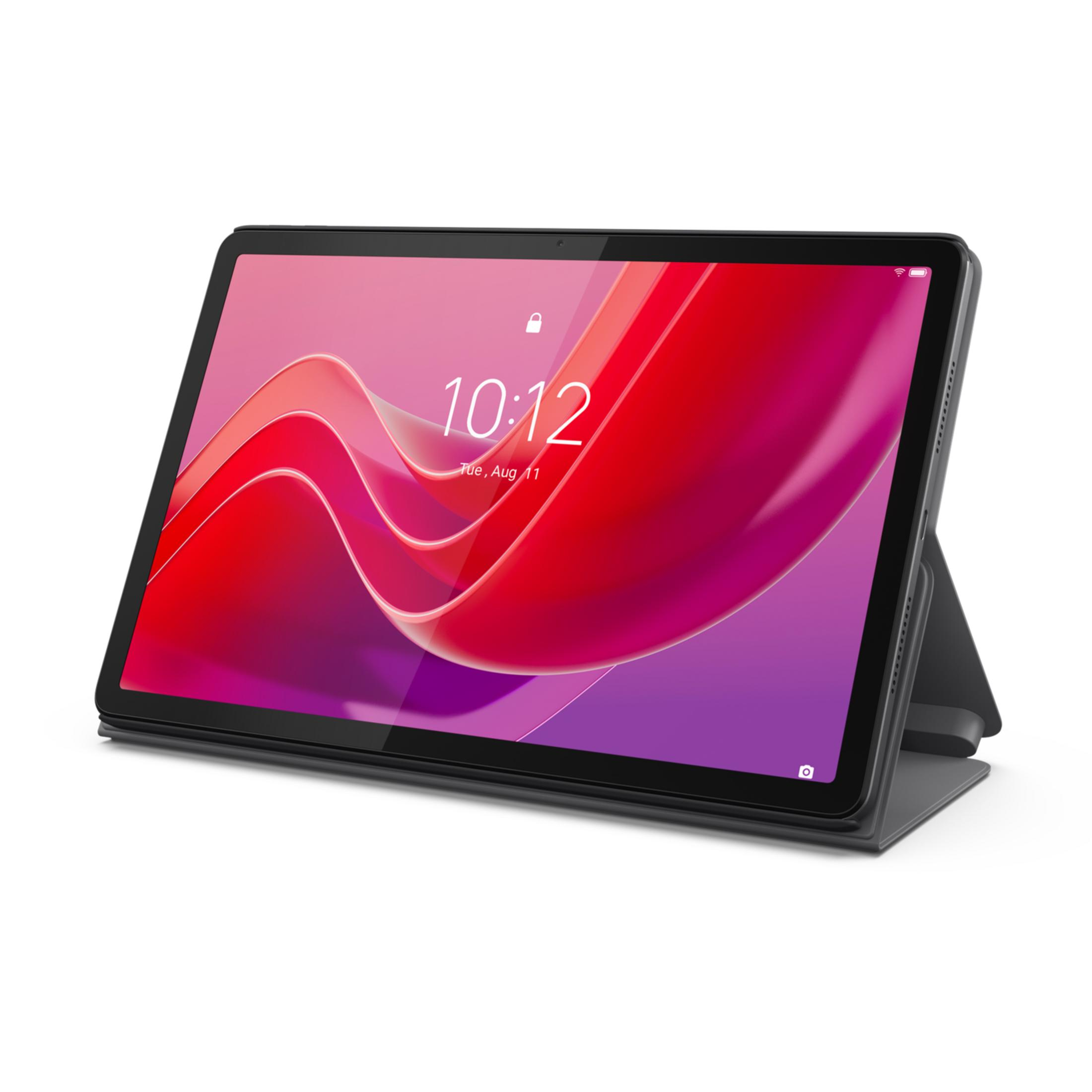 Een zwarte tablet met grijze hoes is schuin geplaatst en toont een kleurrijk vergrendelingsscherm.
