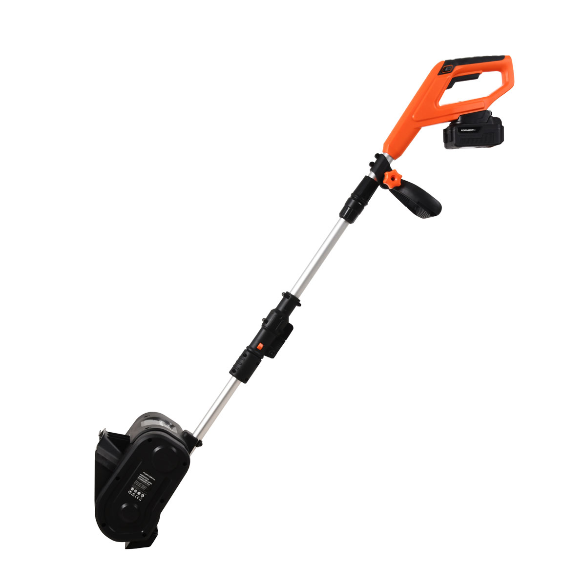 Ein orangefarbener Akku-Rasentrimmer mit silbernem Stiel und schwarzem Gehäuse.