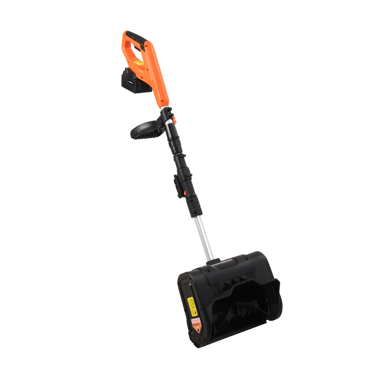 Ein kabelloser elektrischer Schneefräse mit orangem Griff und Akku.